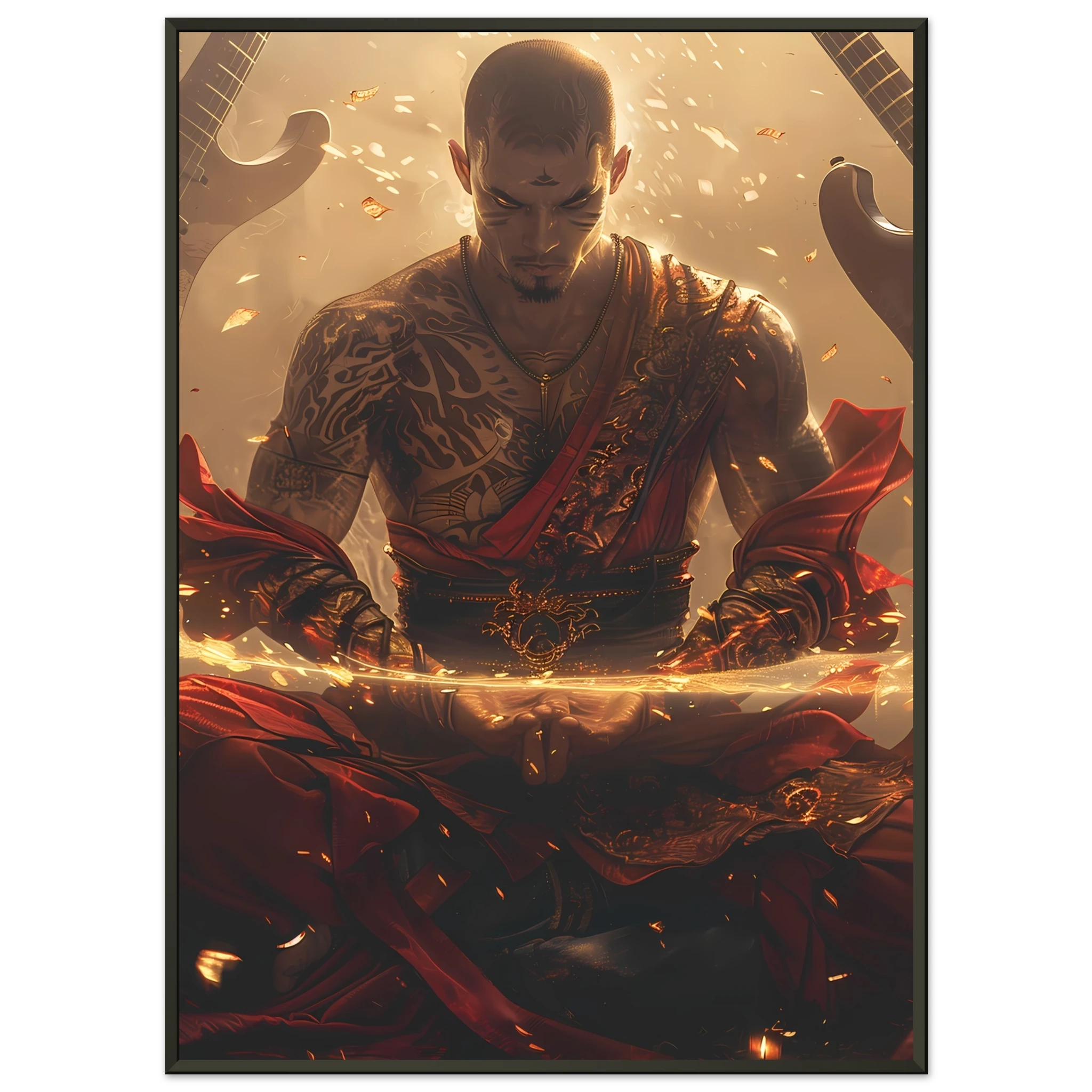 Bald monk meditating as guitars float around with neon halos — punk spiritual mashup.