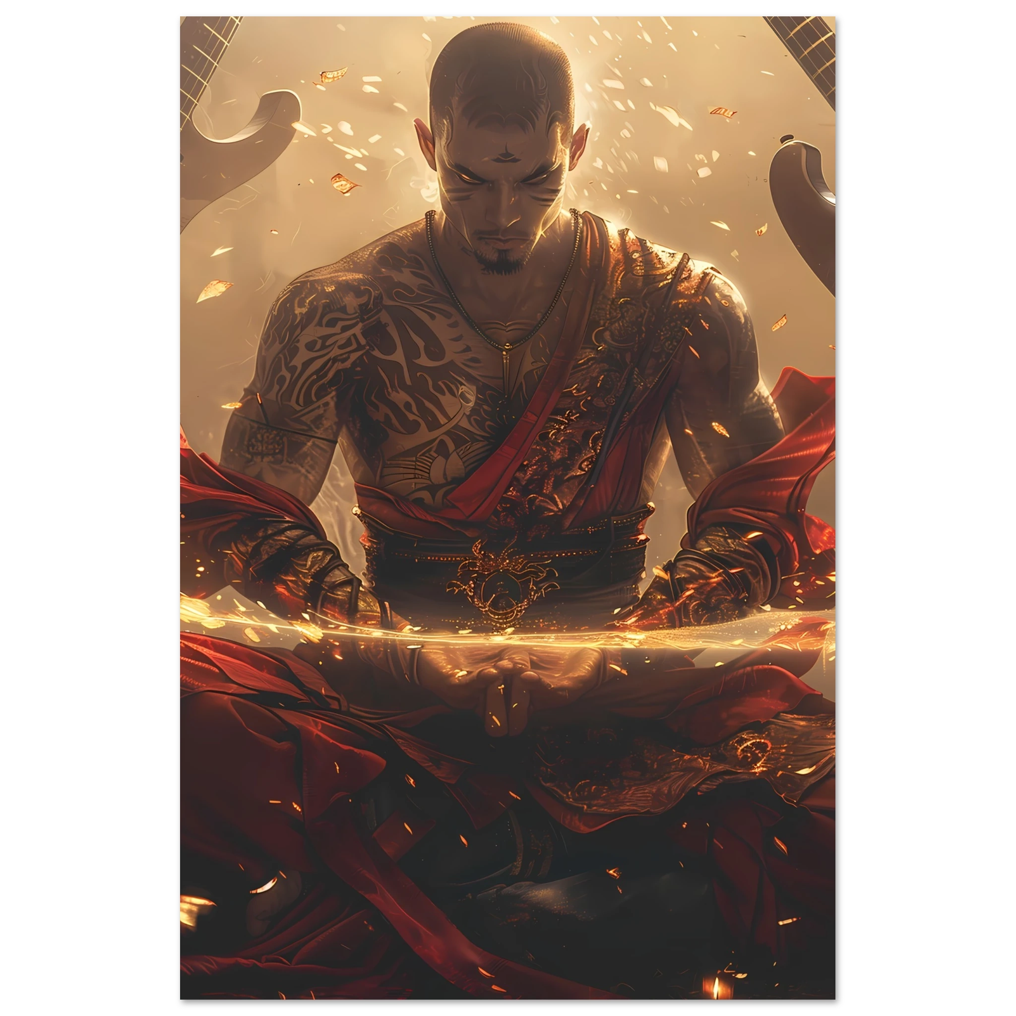 Bald monk meditating as guitars float around with neon halos — punk spiritual mashup.