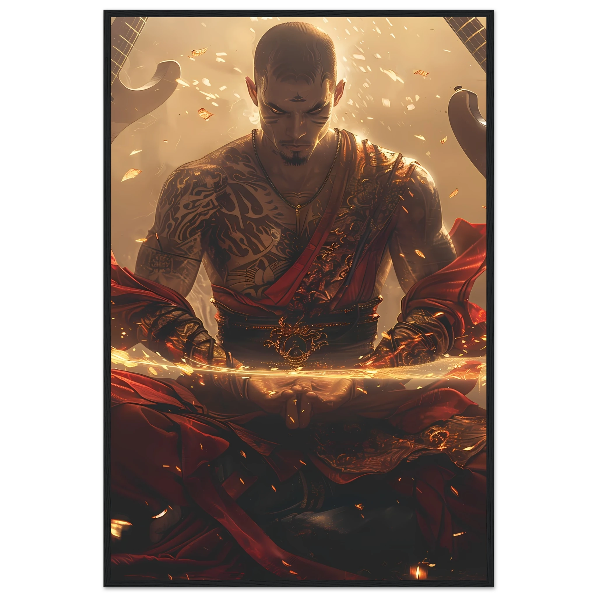 Bald monk meditating as guitars float around with neon halos — punk spiritual mashup.