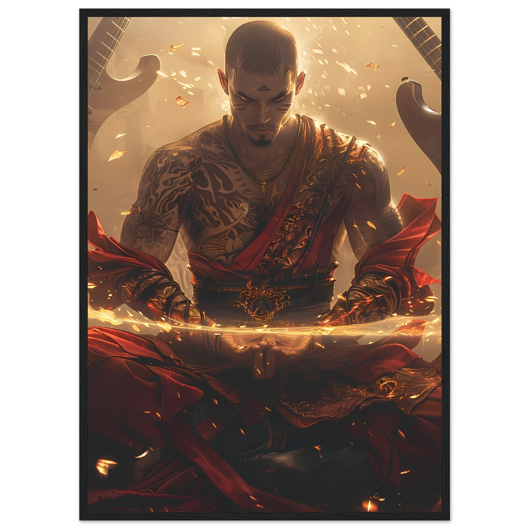 Bald monk meditating as guitars float around with neon halos — punk spiritual mashup.