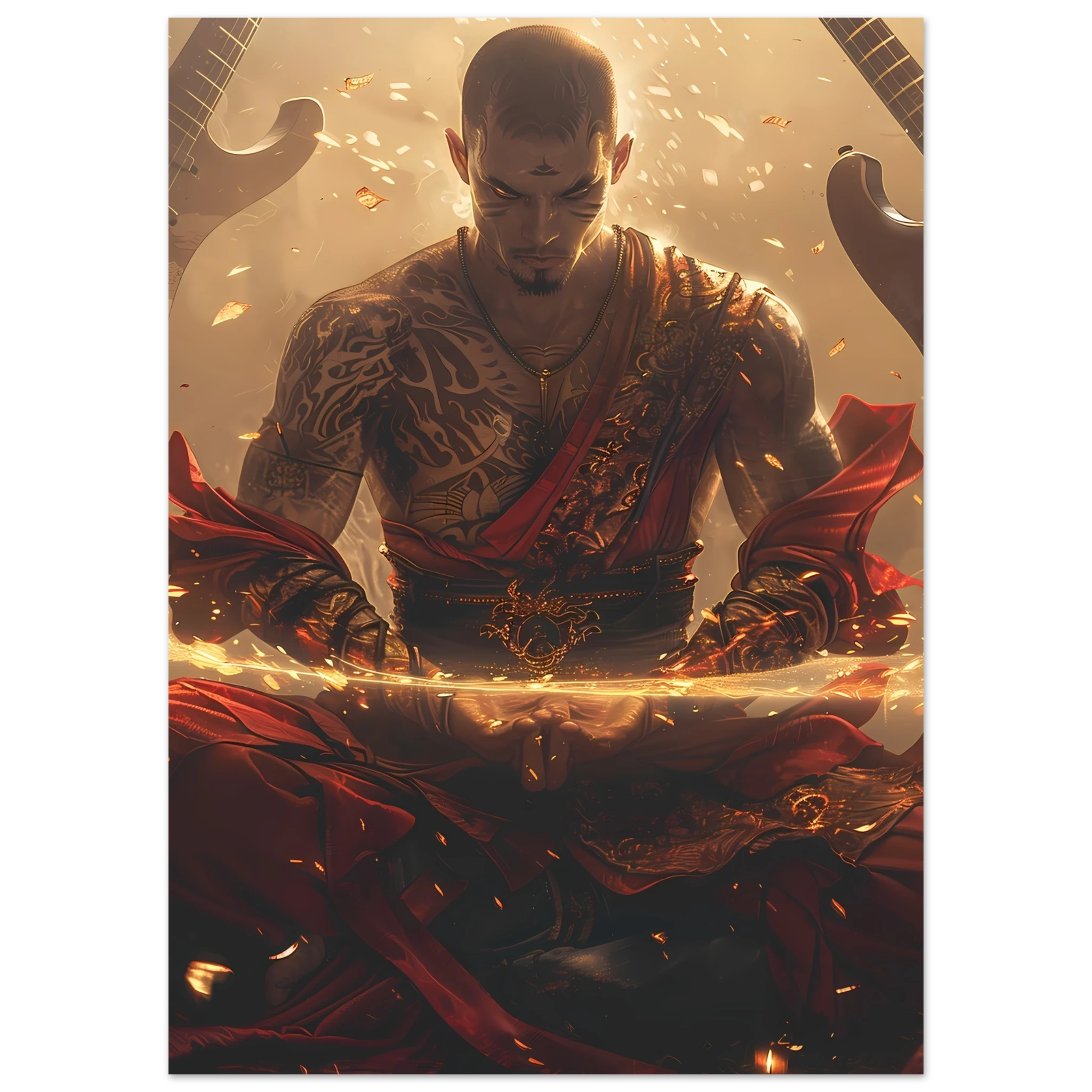 Bald monk meditating as guitars float around with neon halos — punk spiritual mashup.