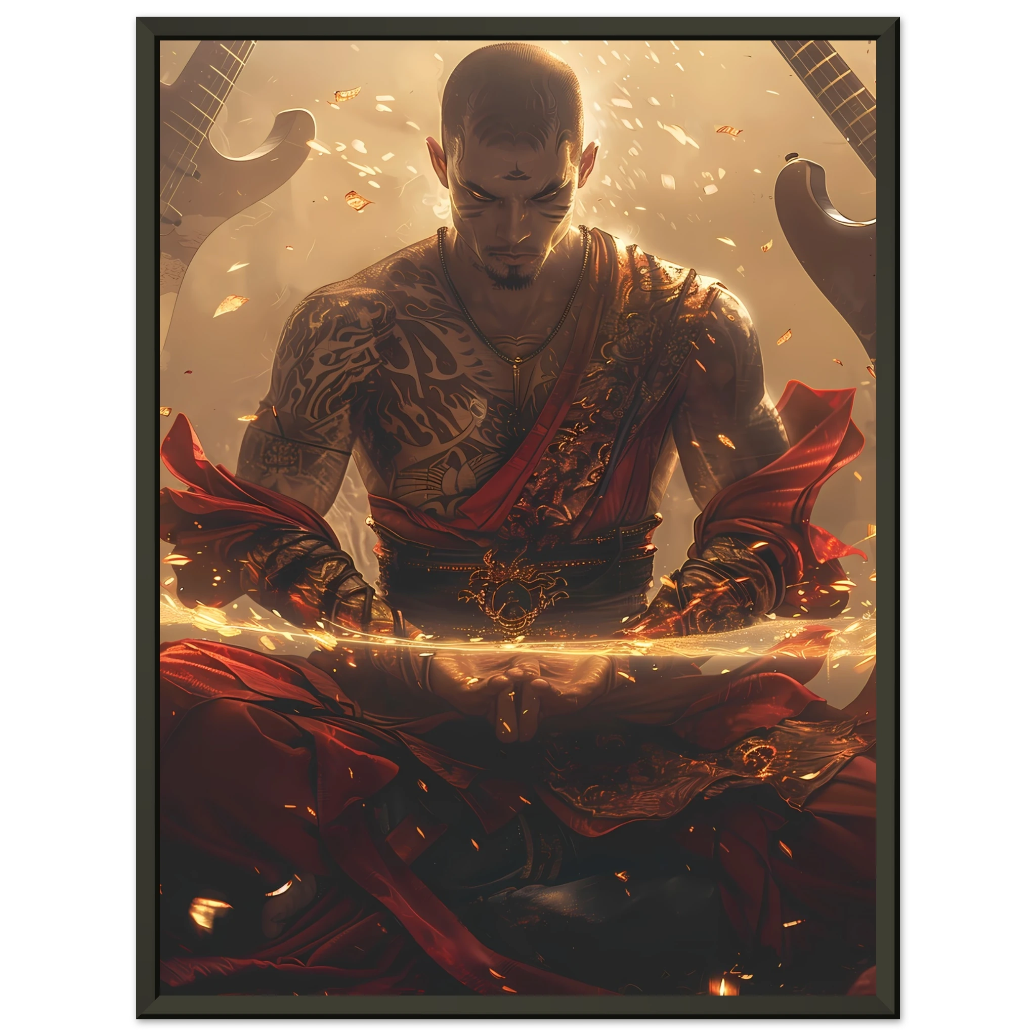 Bald monk meditating as guitars float around with neon halos — punk spiritual mashup.