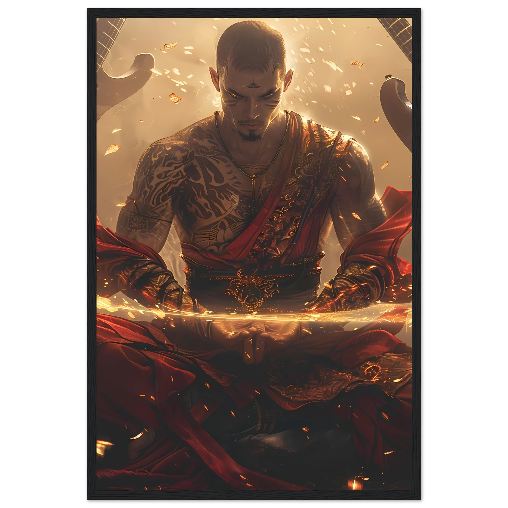 Bald monk meditating as guitars float around with neon halos — punk spiritual mashup.