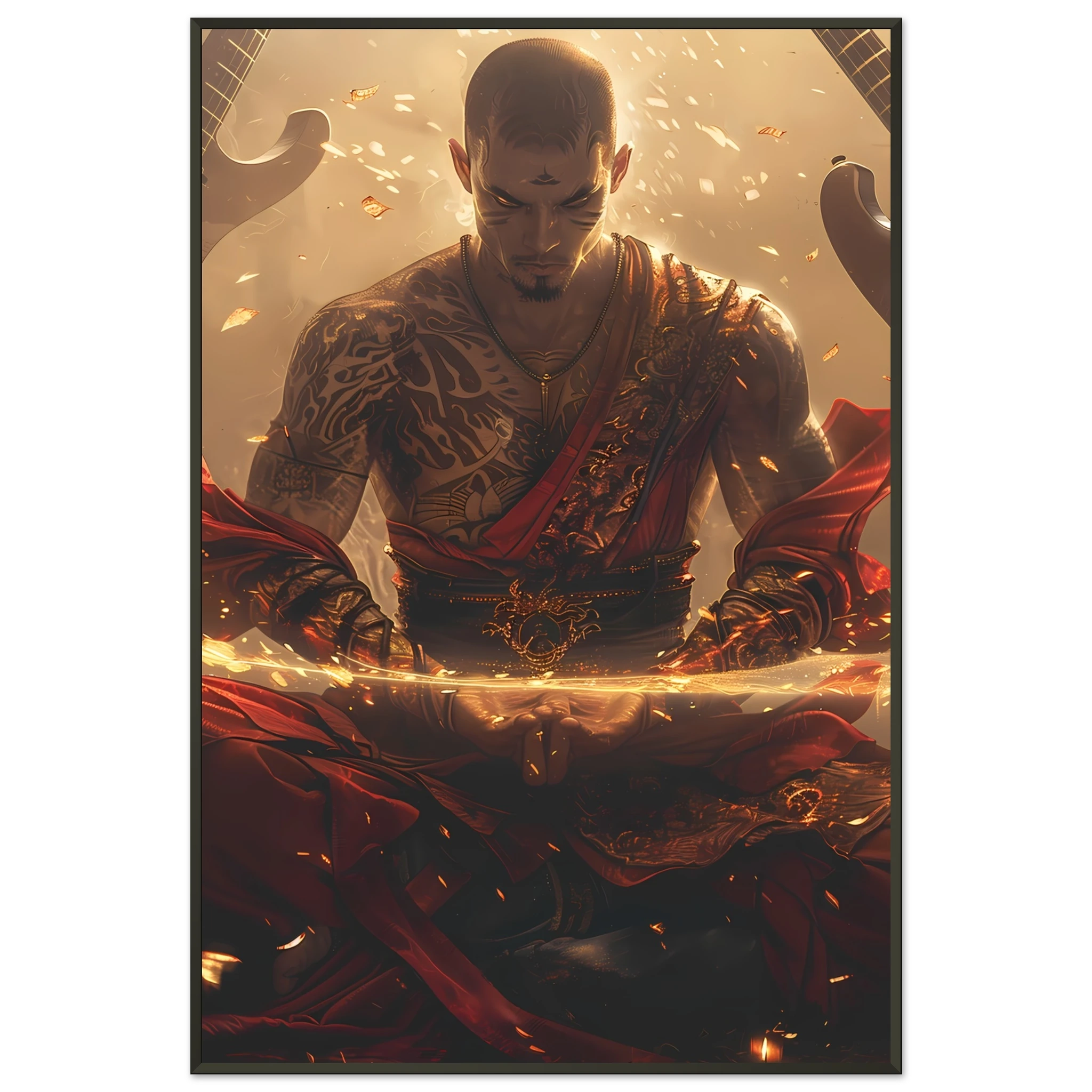 Bald monk meditating as guitars float around with neon halos — punk spiritual mashup.