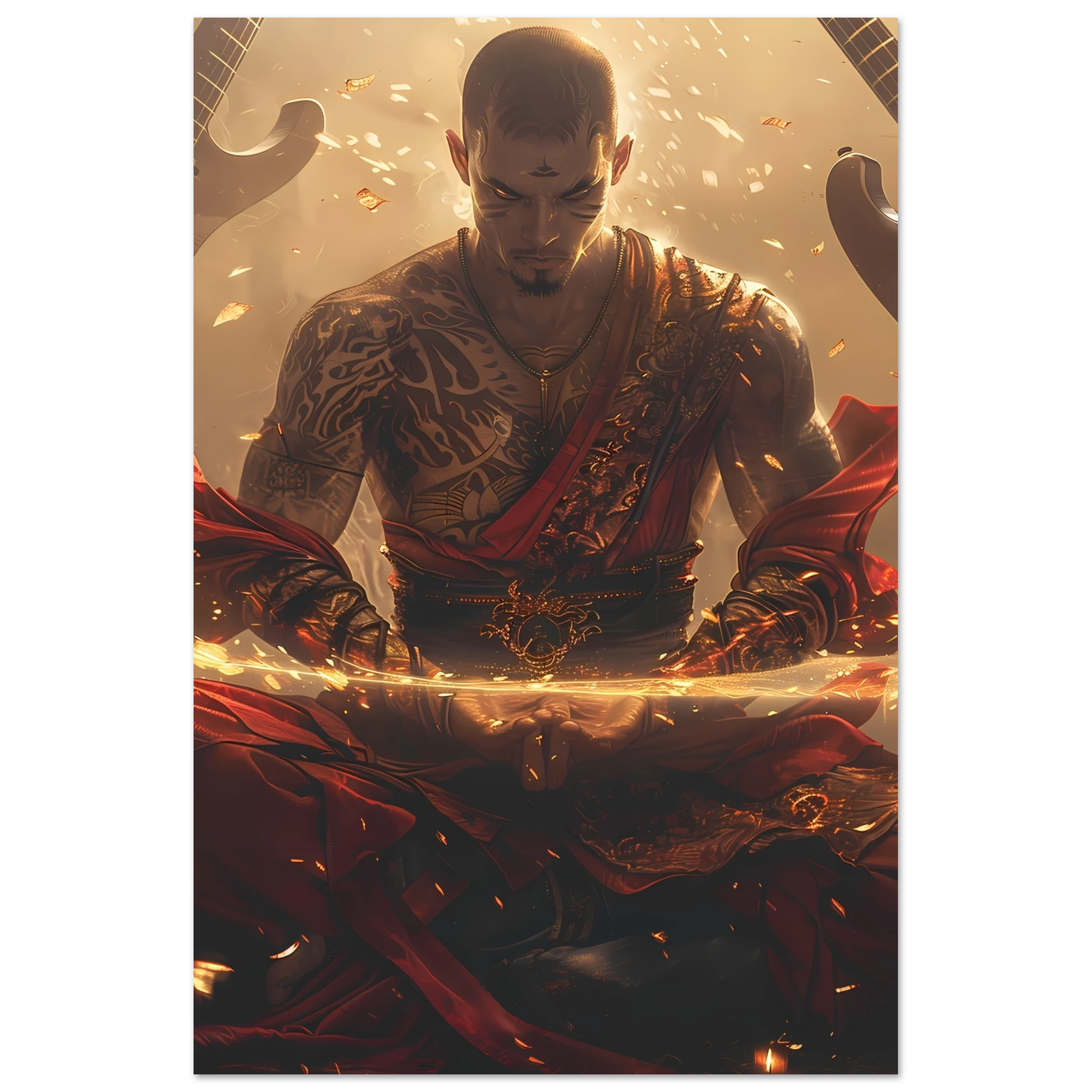 Bald monk meditating as guitars float around with neon halos — punk spiritual mashup.