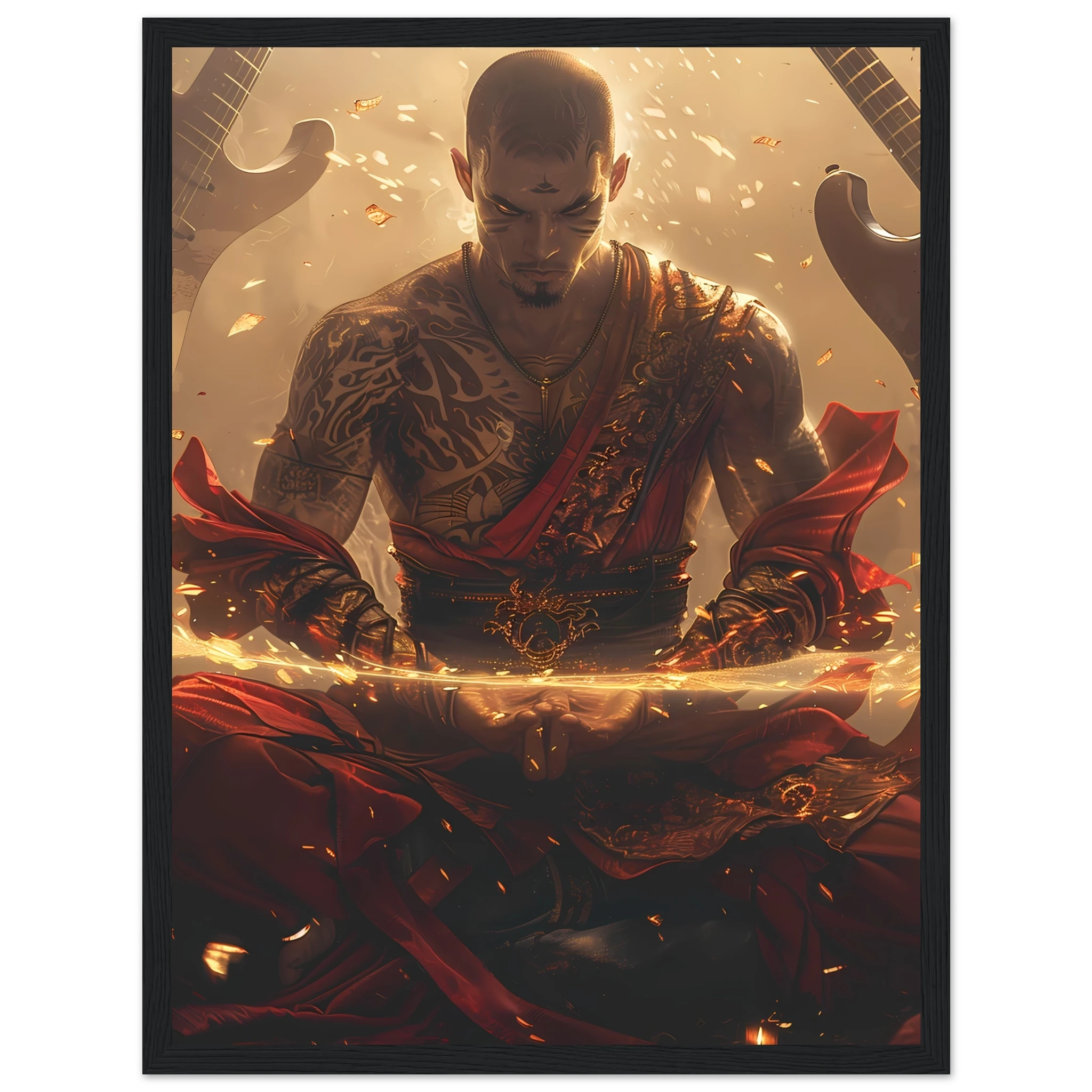 Bald monk meditating as guitars float around with neon halos — punk spiritual mashup.