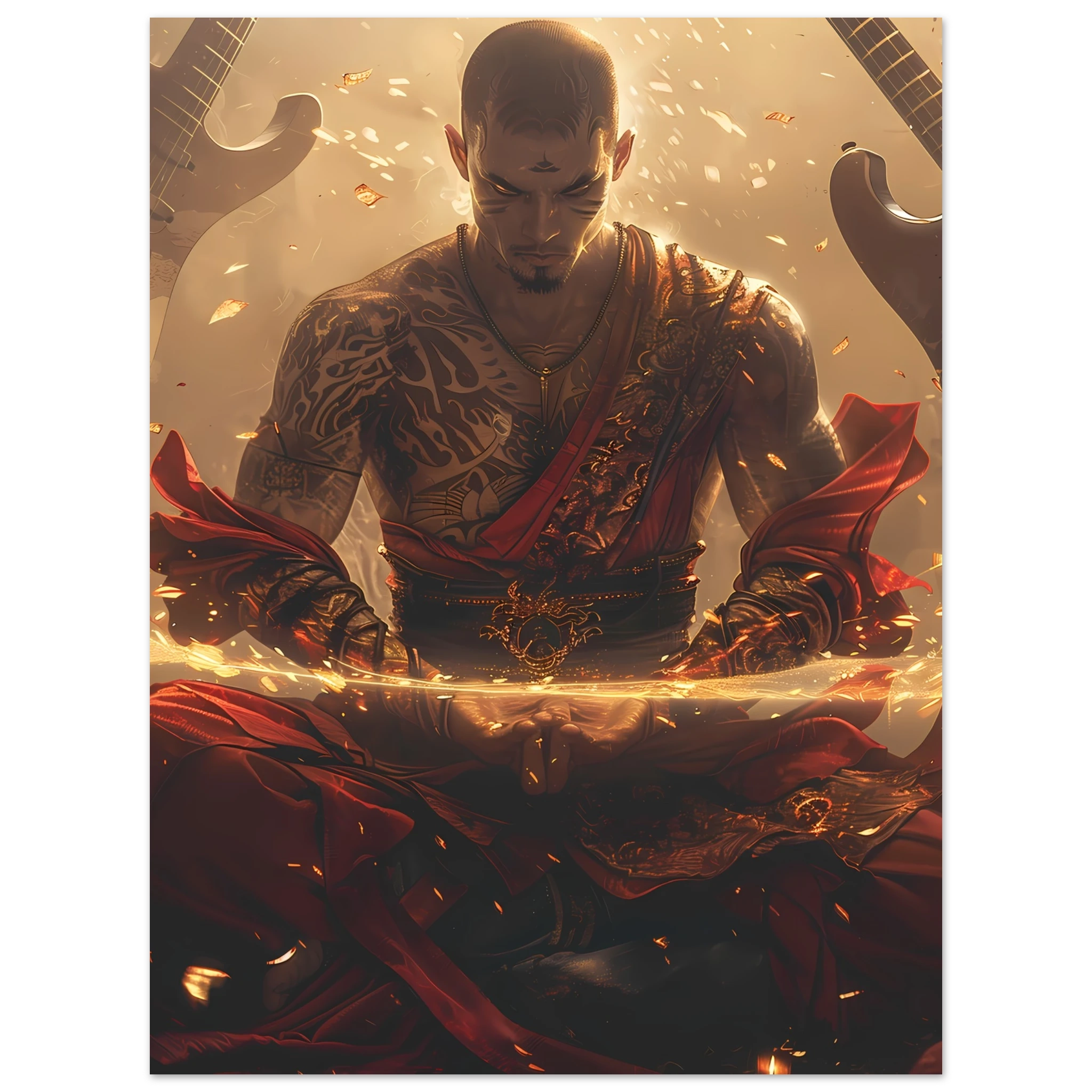 Bald monk meditating as guitars float around with neon halos — punk spiritual mashup.