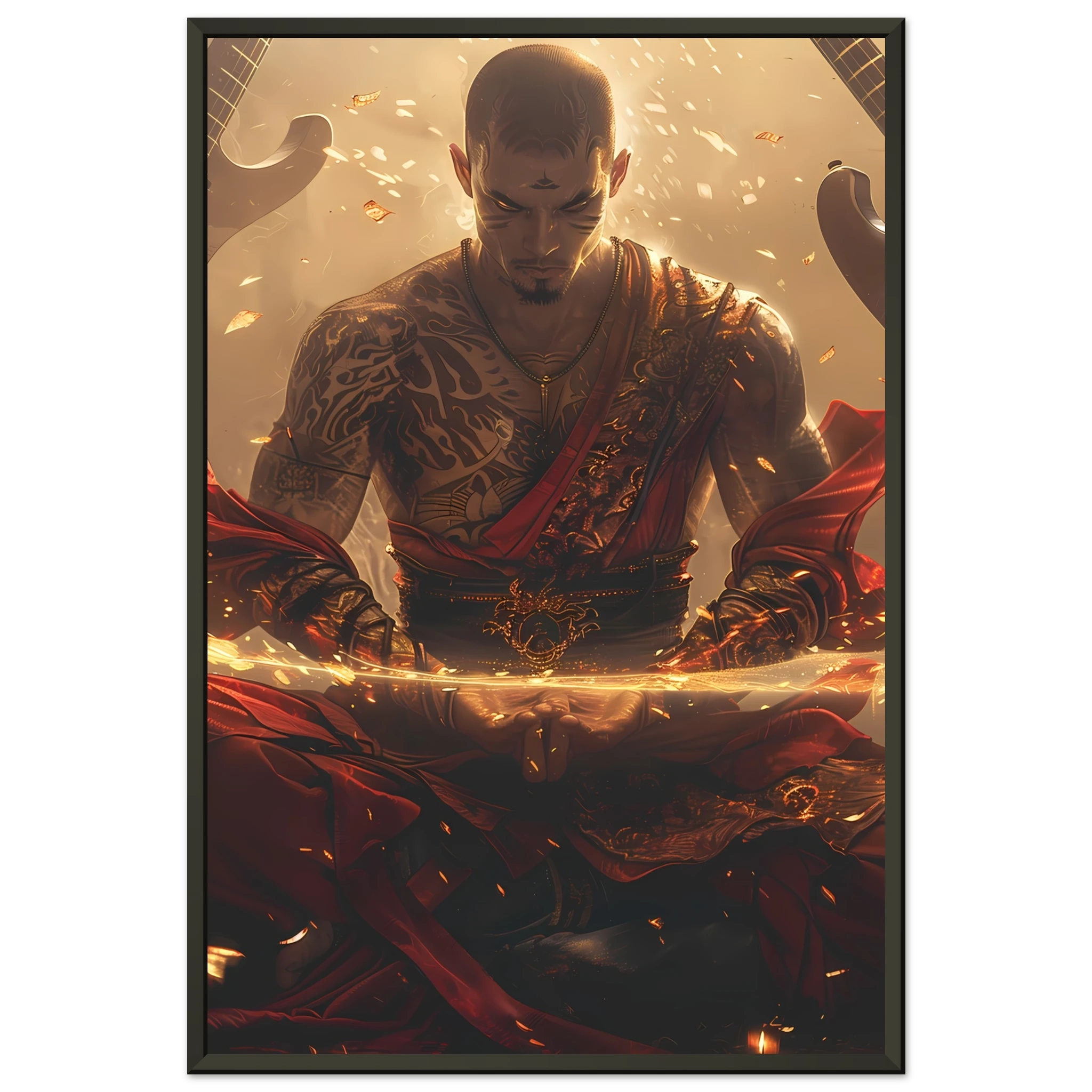 Bald monk meditating as guitars float around with neon halos — punk spiritual mashup.