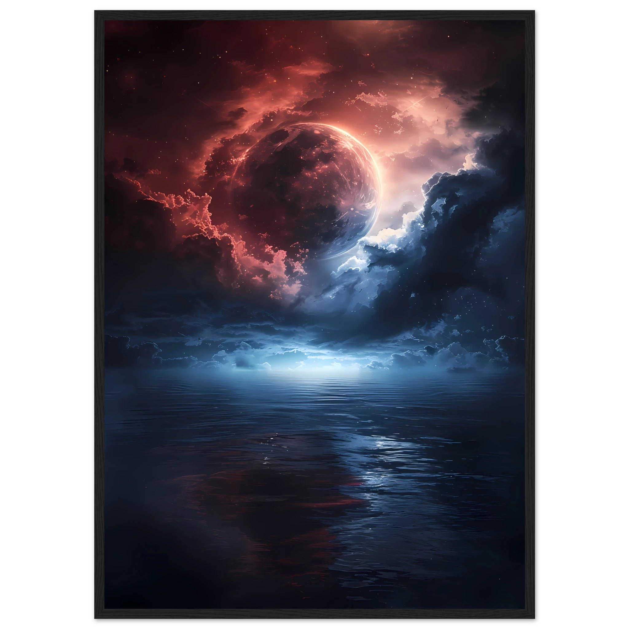 Radiant moon reflecting over a cosmic ocean with sapphire and rose nebula clouds — surreal celestial wall art.