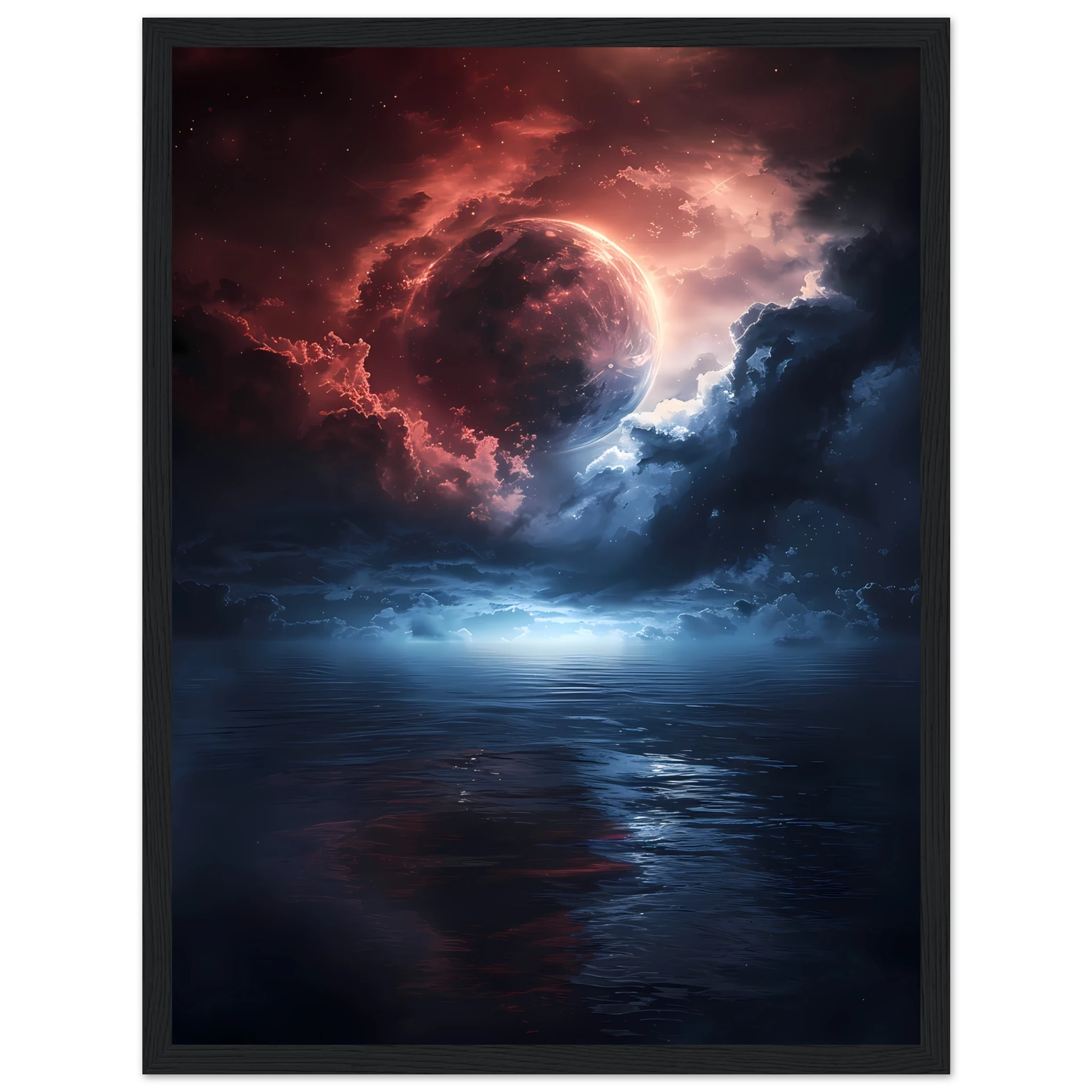 Radiant moon reflecting over a cosmic ocean with sapphire and rose nebula clouds — surreal celestial wall art.