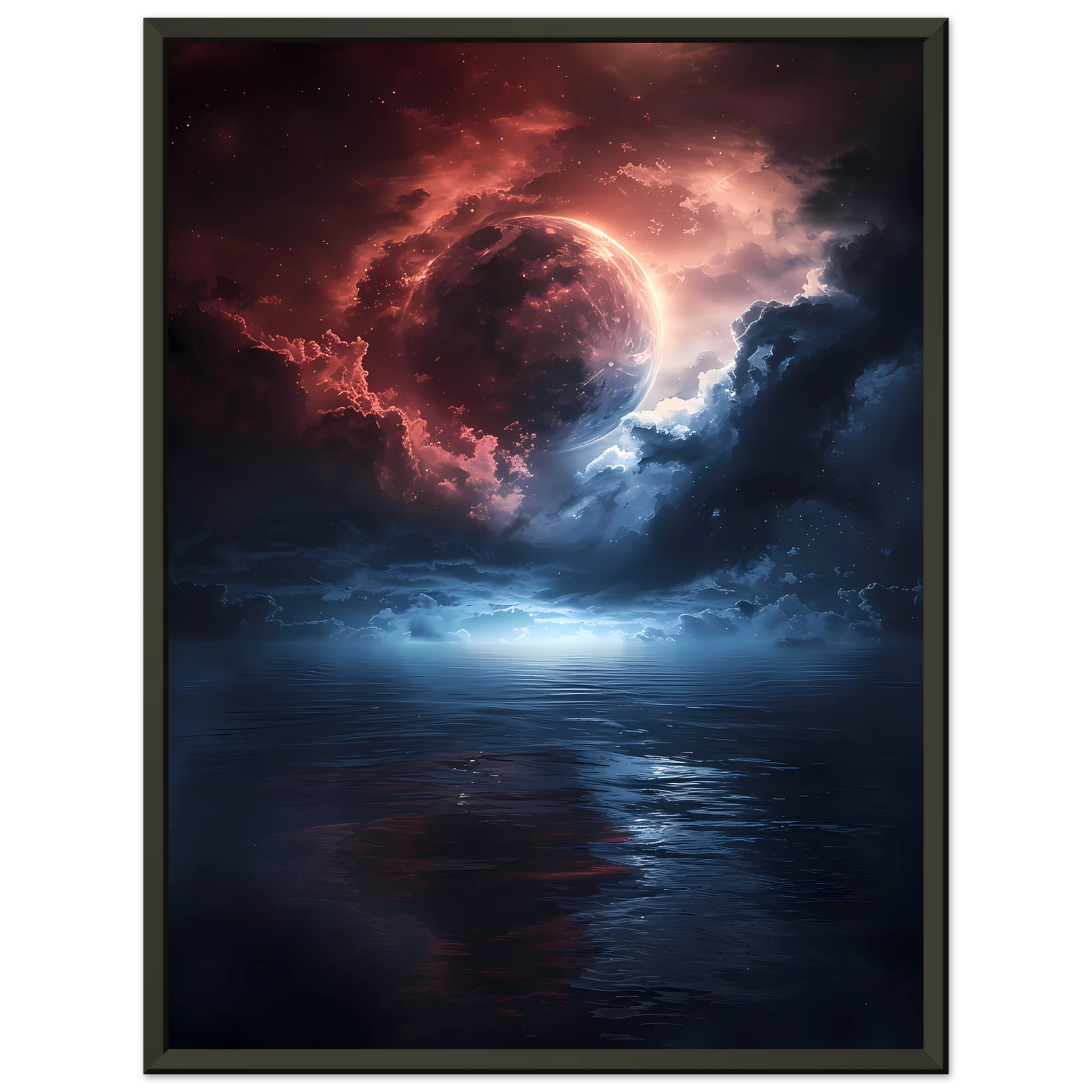 Radiant moon reflecting over a cosmic ocean with sapphire and rose nebula clouds — surreal celestial wall art.