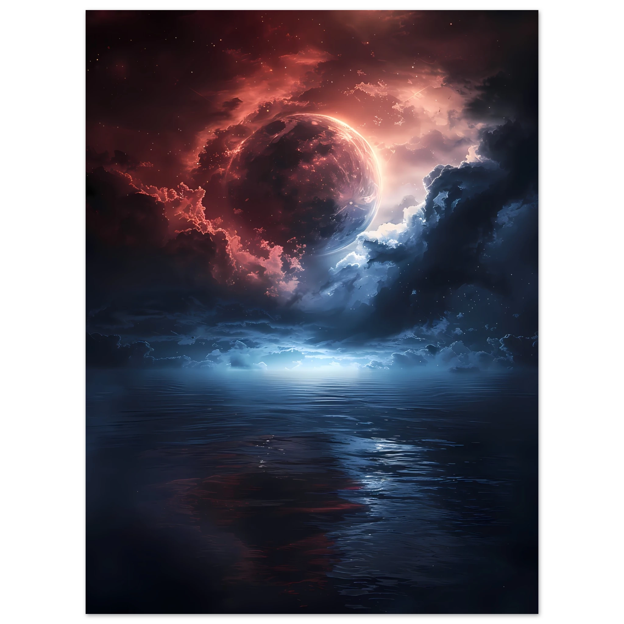 Radiant moon reflecting over a cosmic ocean with sapphire and rose nebula clouds — surreal celestial wall art.