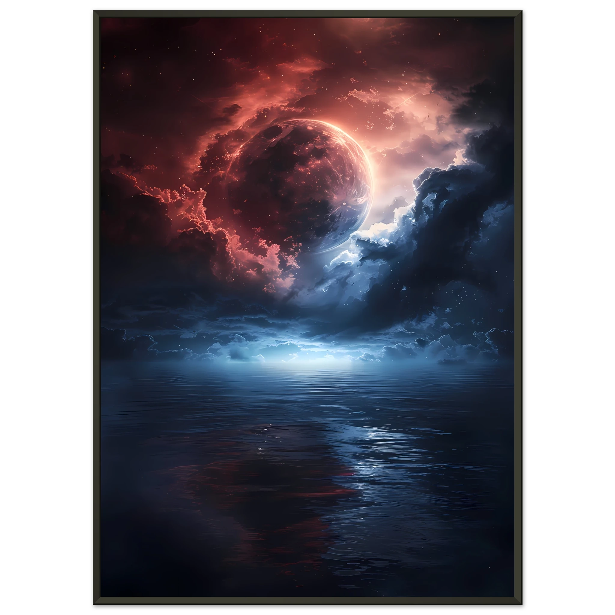 Radiant moon reflecting over a cosmic ocean with sapphire and rose nebula clouds — surreal celestial wall art.