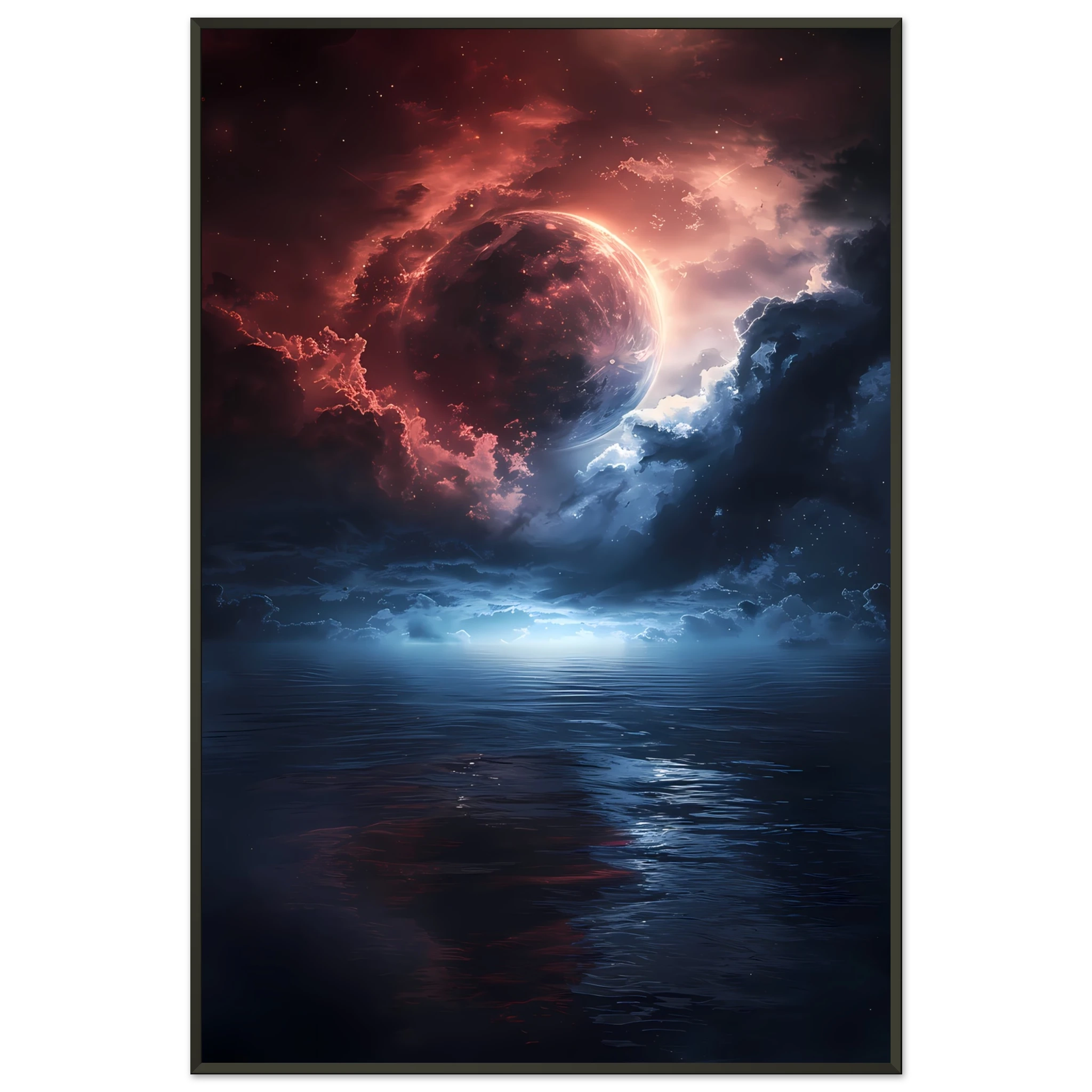 Radiant moon reflecting over a cosmic ocean with sapphire and rose nebula clouds — surreal celestial wall art.
