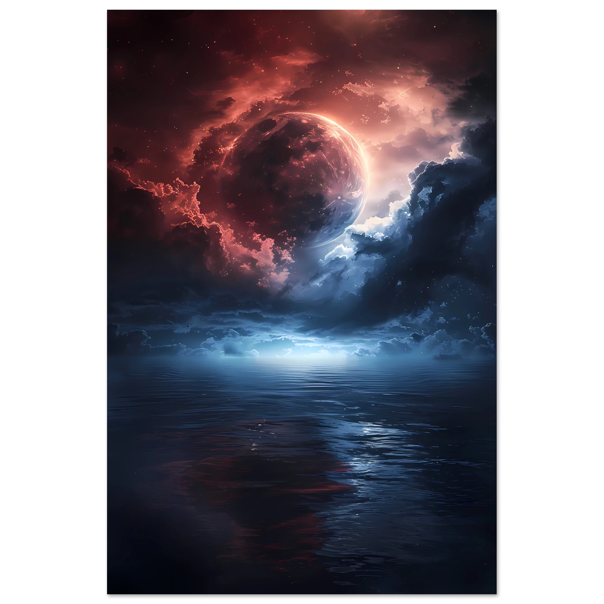 Radiant moon reflecting over a cosmic ocean with sapphire and rose nebula clouds — surreal celestial wall art.