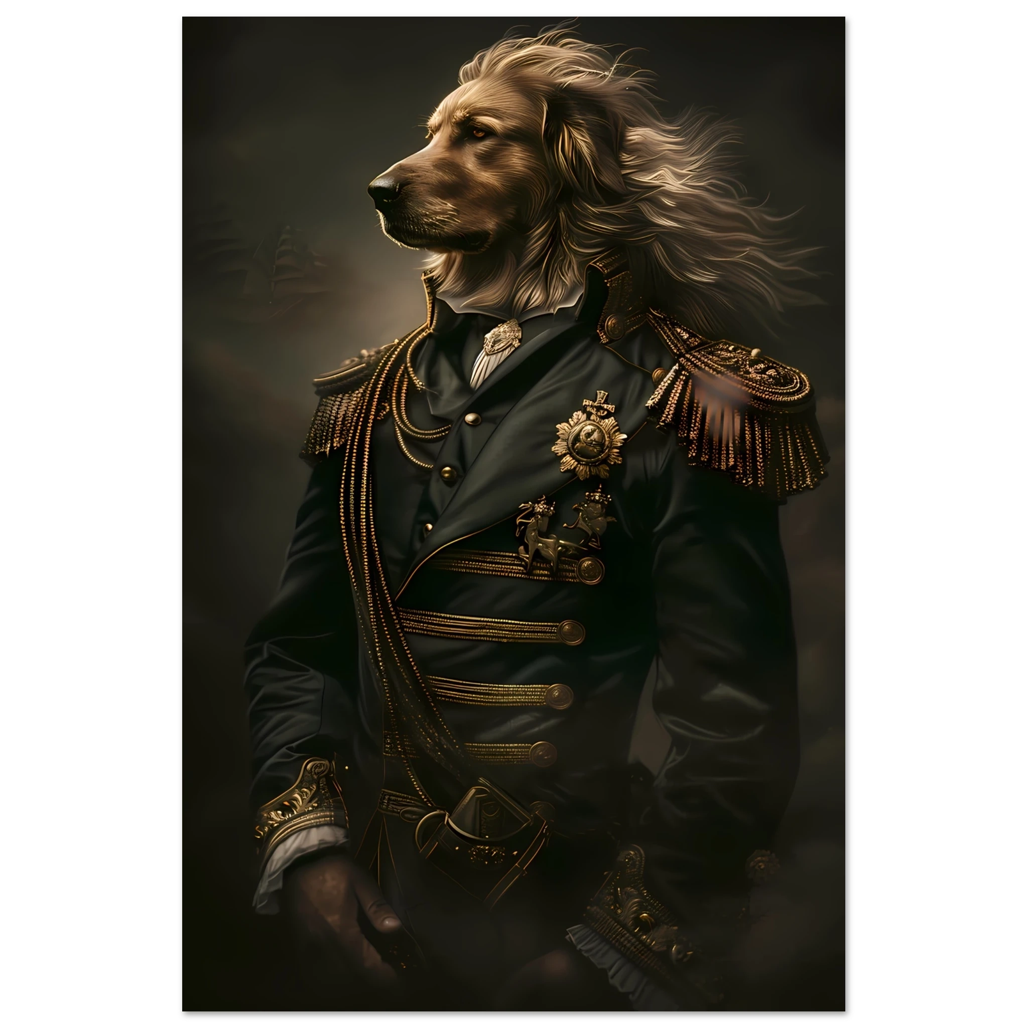 Golden retriever in velvet royal robes and golden crown — elegant Renaissance-style pet portrait.