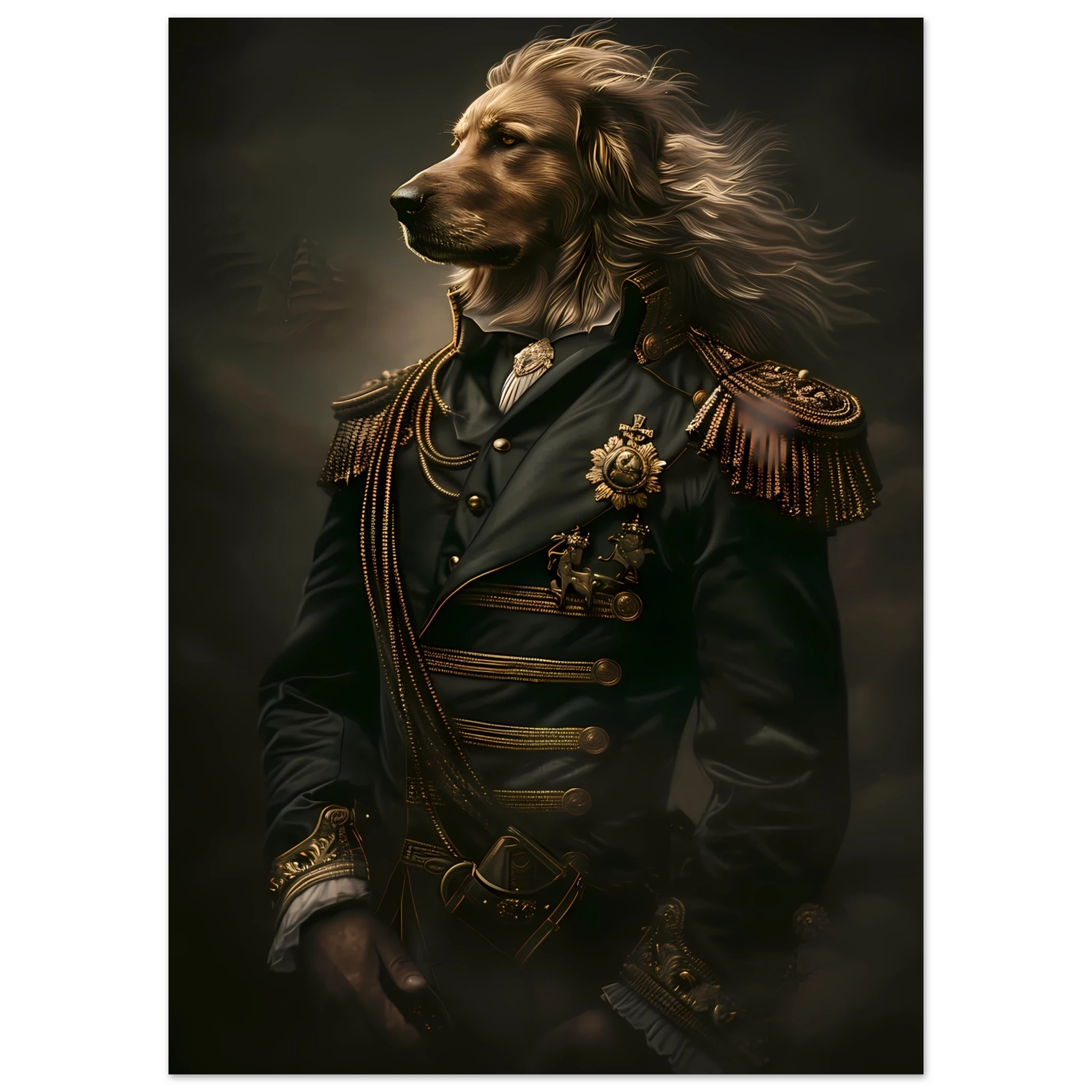 Golden retriever in velvet royal robes and golden crown — elegant Renaissance-style pet portrait.