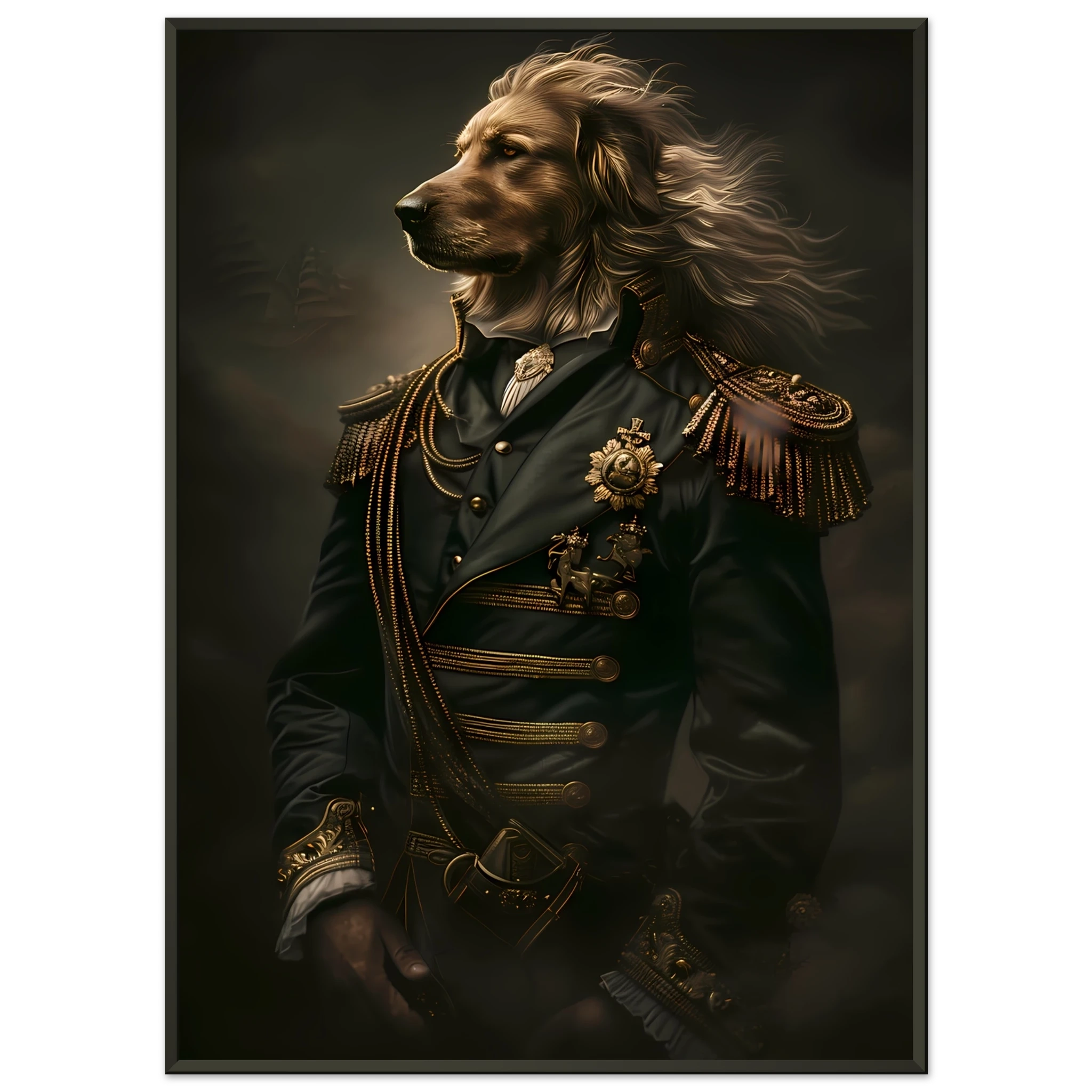 Golden retriever in velvet royal robes and golden crown — elegant Renaissance-style pet portrait.