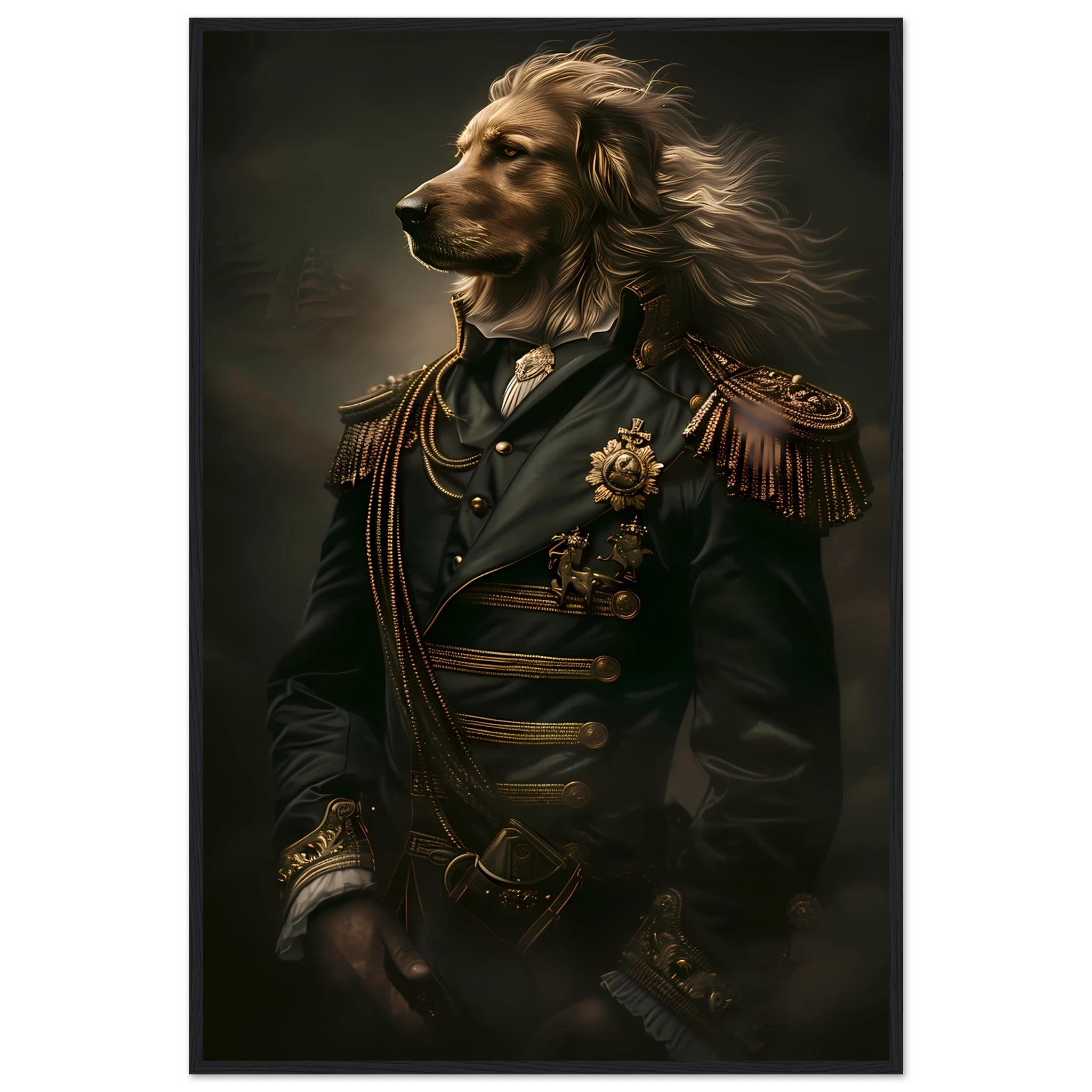 Golden retriever in velvet royal robes and golden crown — elegant Renaissance-style pet portrait.