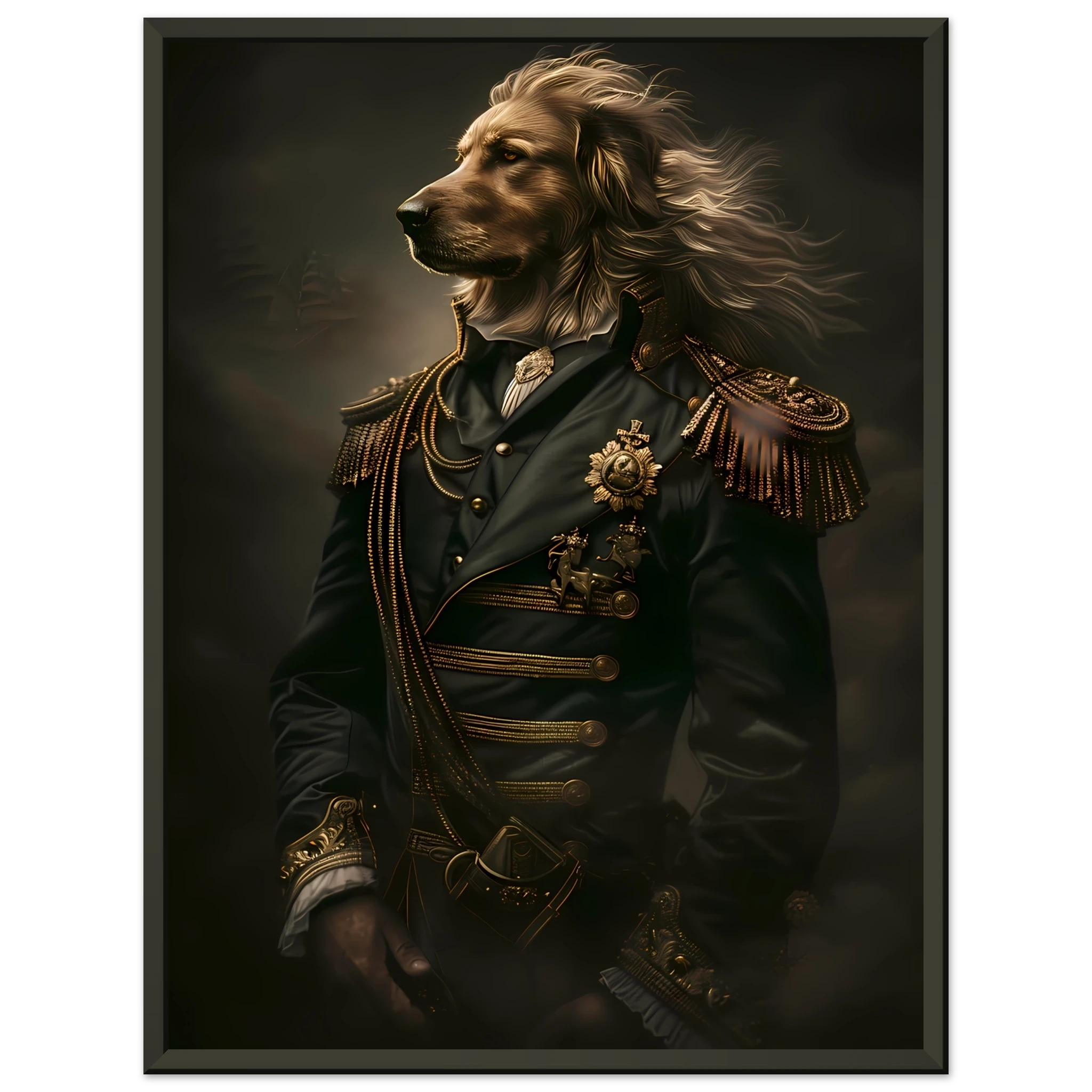 Golden retriever in velvet royal robes and golden crown — elegant Renaissance-style pet portrait.