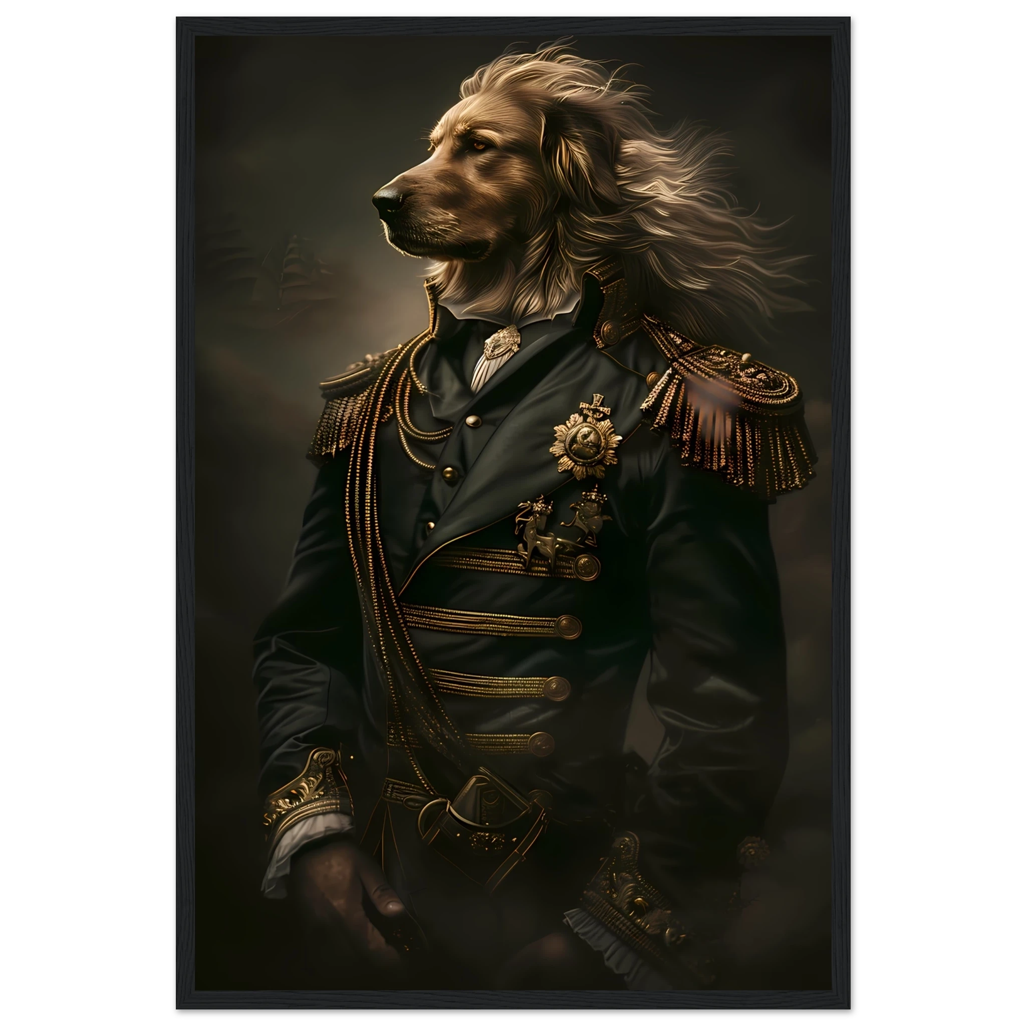 Golden retriever in velvet royal robes and golden crown — elegant Renaissance-style pet portrait.