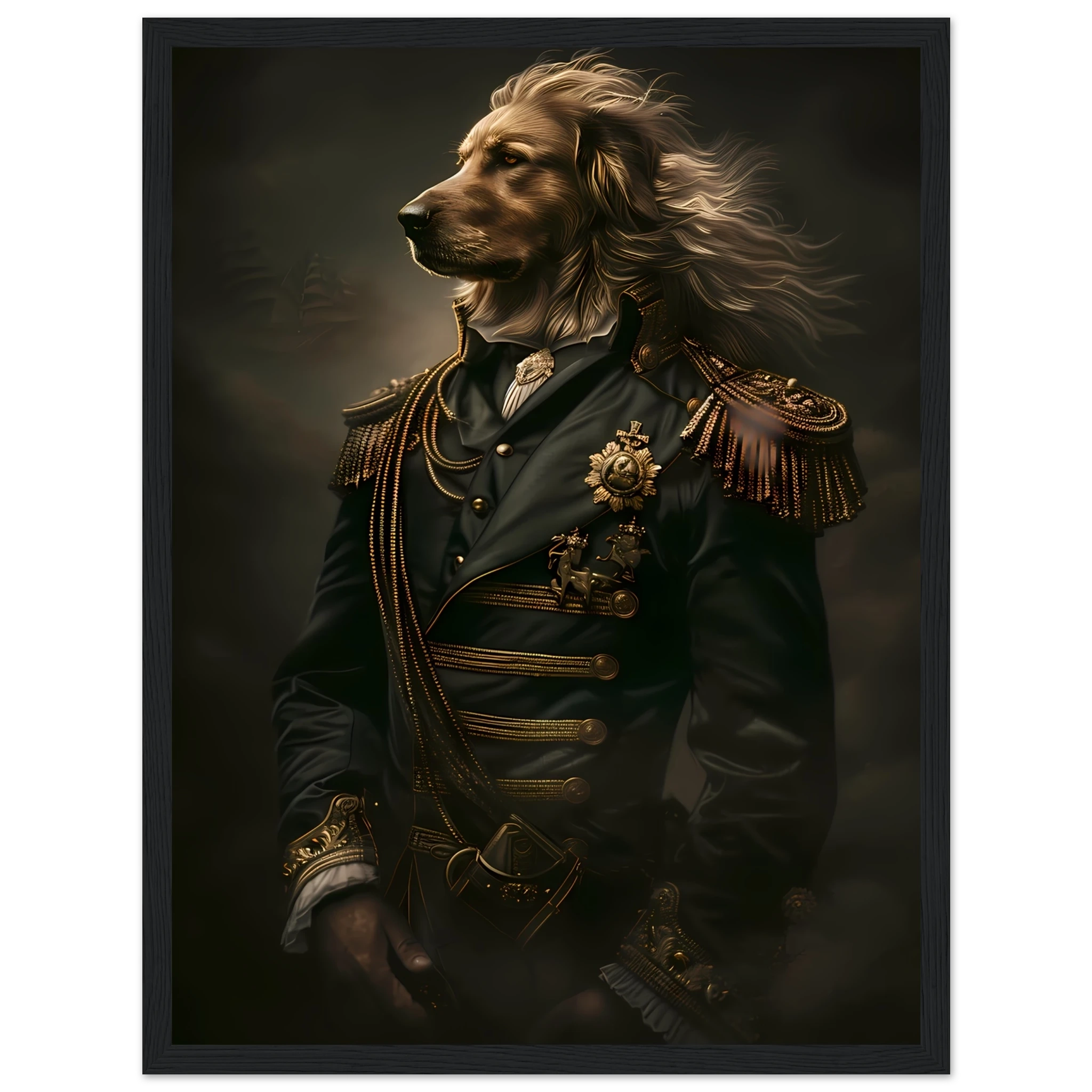 Golden retriever in velvet royal robes and golden crown — elegant Renaissance-style pet portrait.