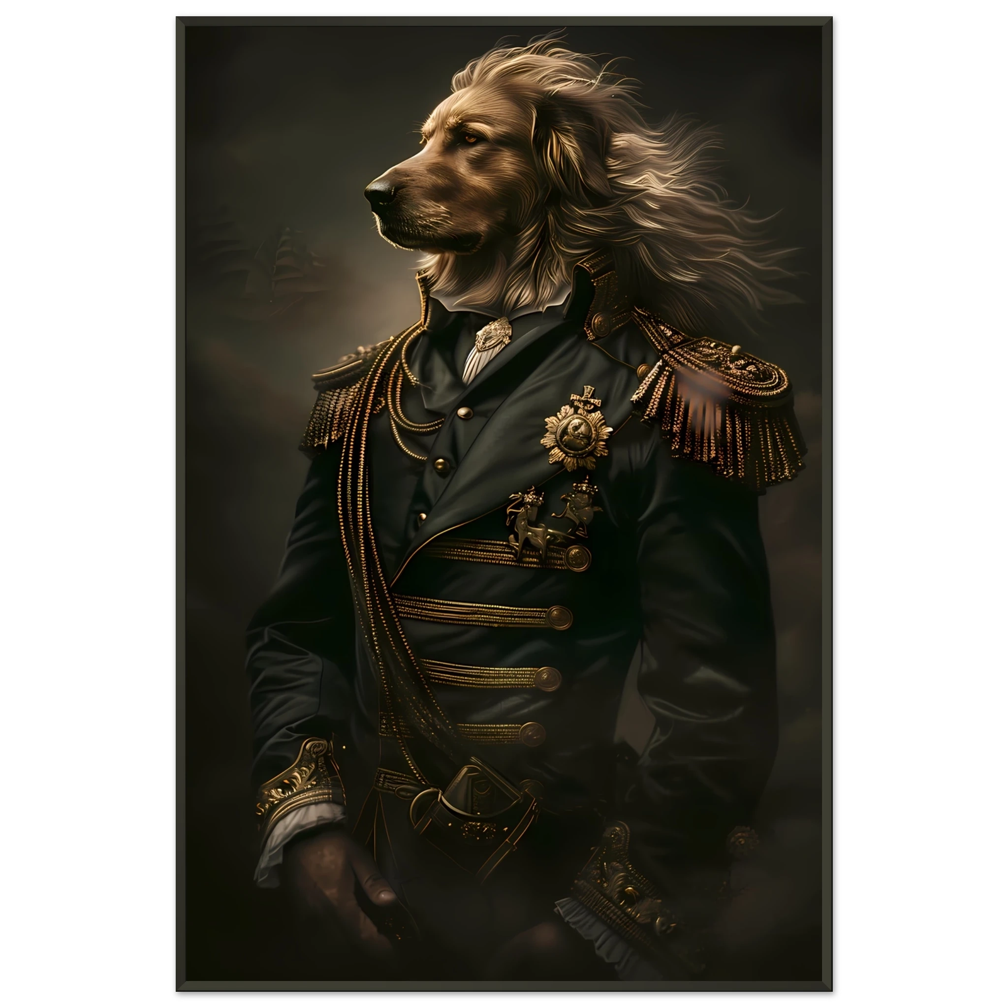 Golden retriever in velvet royal robes and golden crown — elegant Renaissance-style pet portrait.