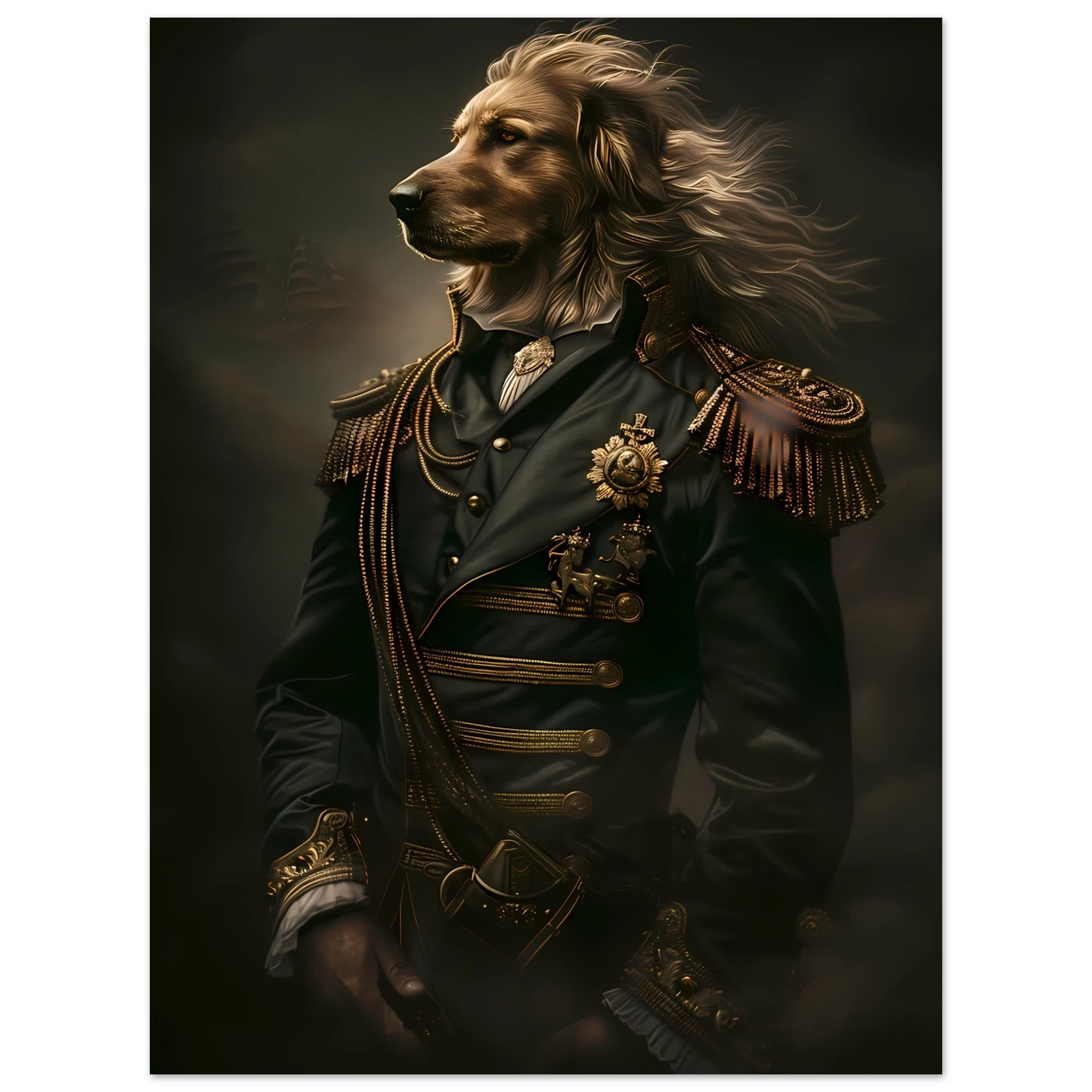 Golden retriever in velvet royal robes and golden crown — elegant Renaissance-style pet portrait.