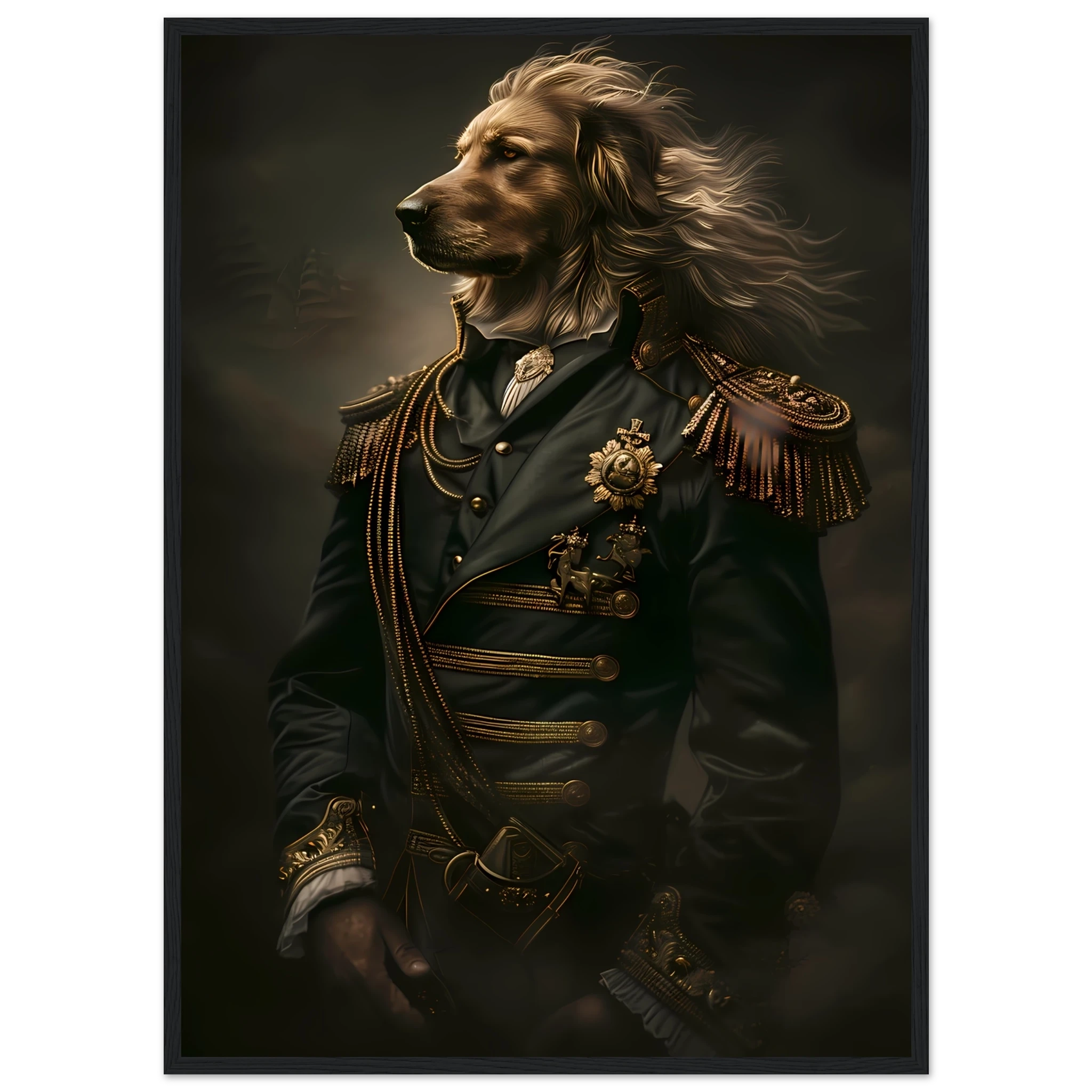 Golden retriever in velvet royal robes and golden crown — elegant Renaissance-style pet portrait.