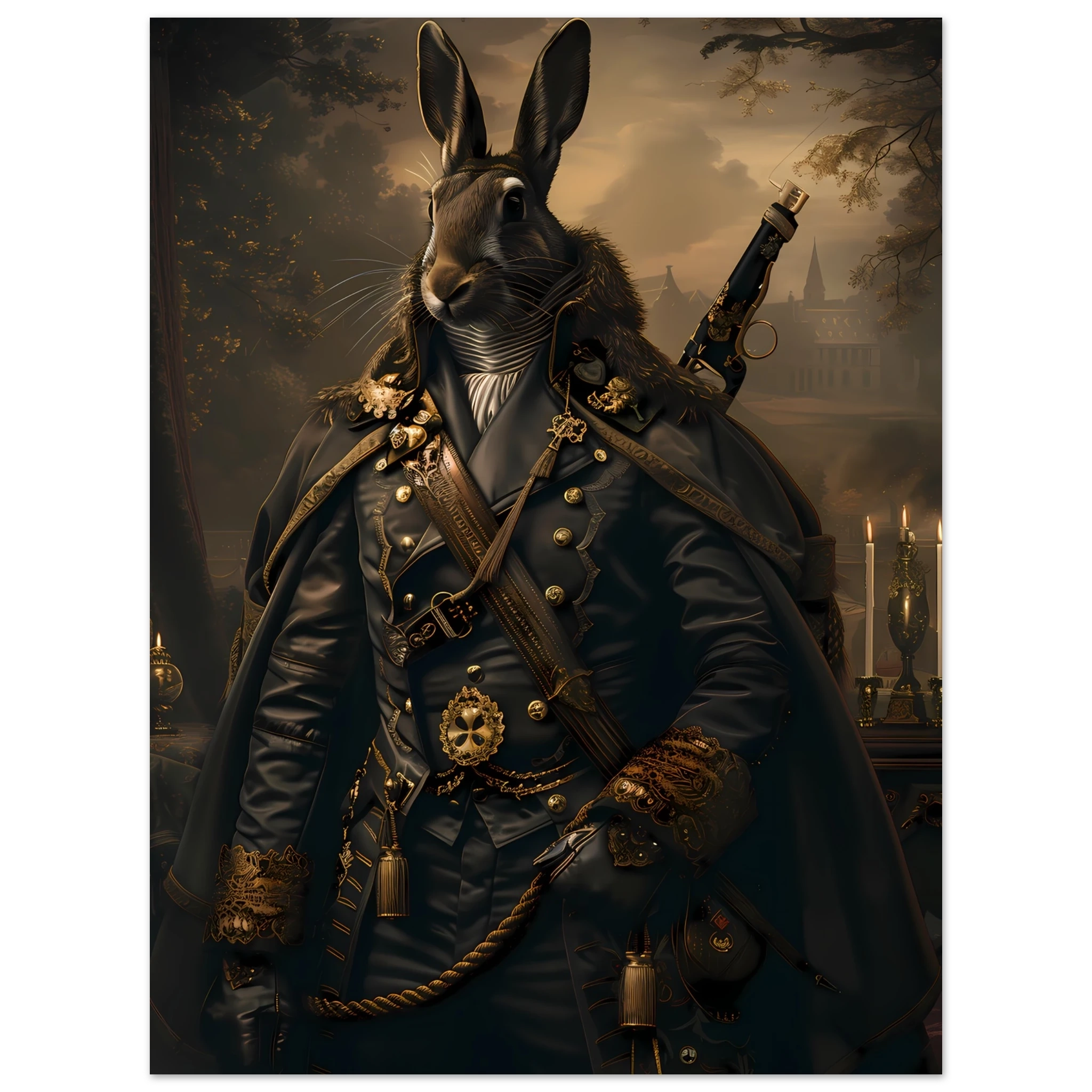 Rabbit dressed in ornate jacket under candlelight — refined vintage pet portrait.