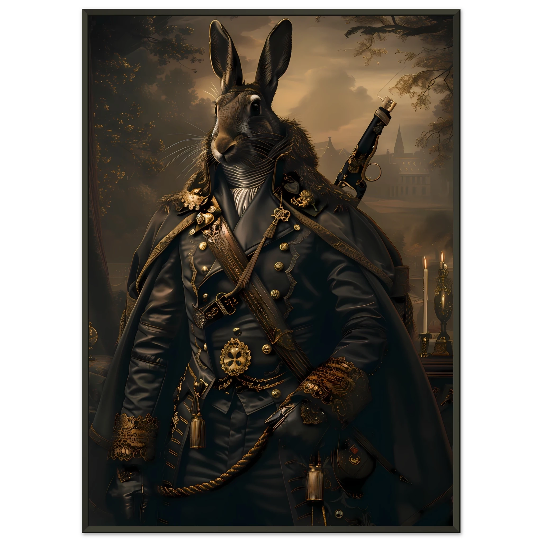 Rabbit dressed in ornate jacket under candlelight — refined vintage pet portrait.