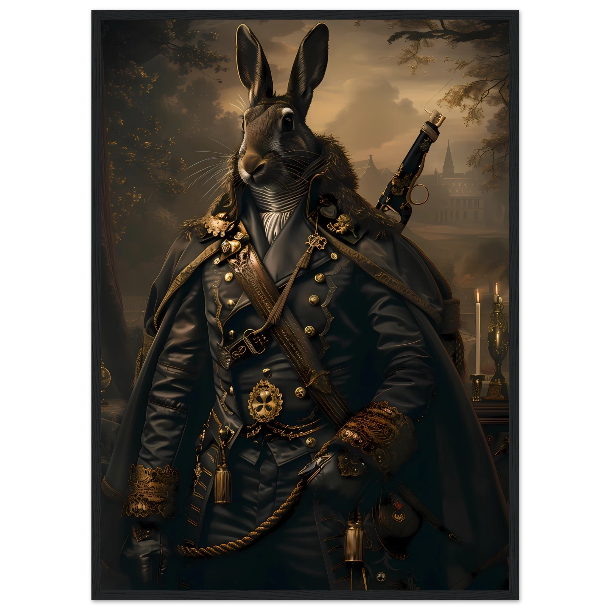 Rabbit dressed in ornate jacket under candlelight — refined vintage pet portrait.