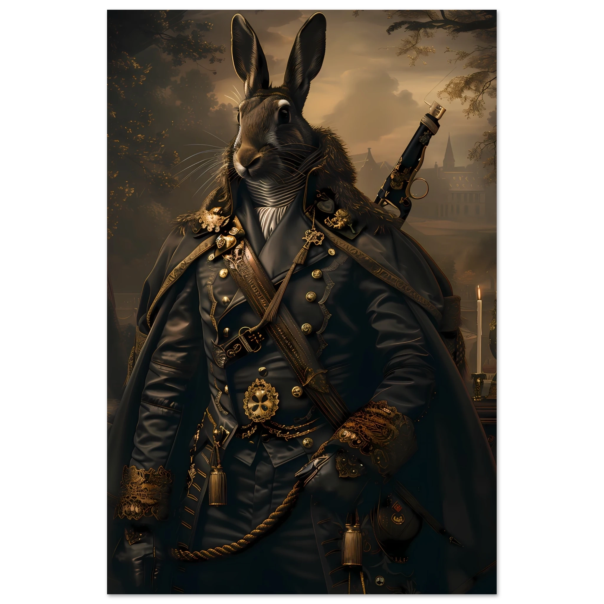 Rabbit dressed in ornate jacket under candlelight — refined vintage pet portrait.