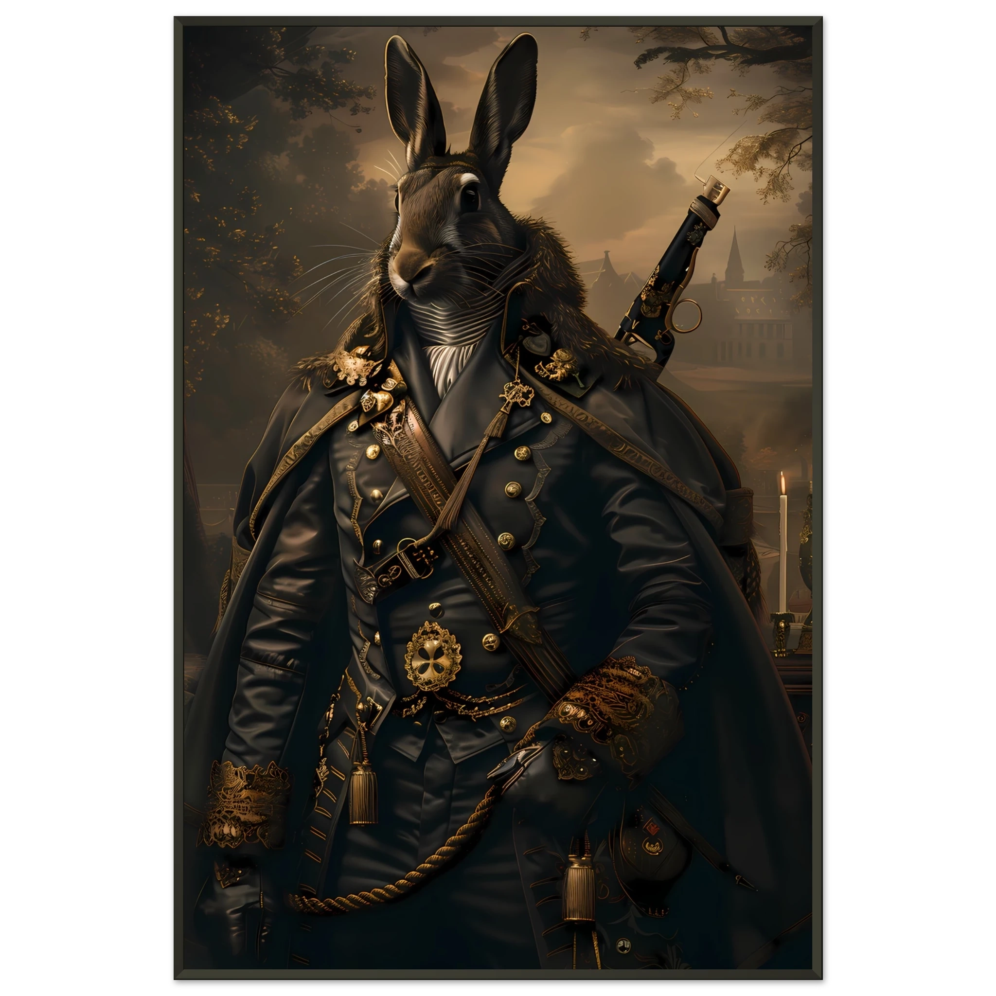 Rabbit dressed in ornate jacket under candlelight — refined vintage pet portrait.