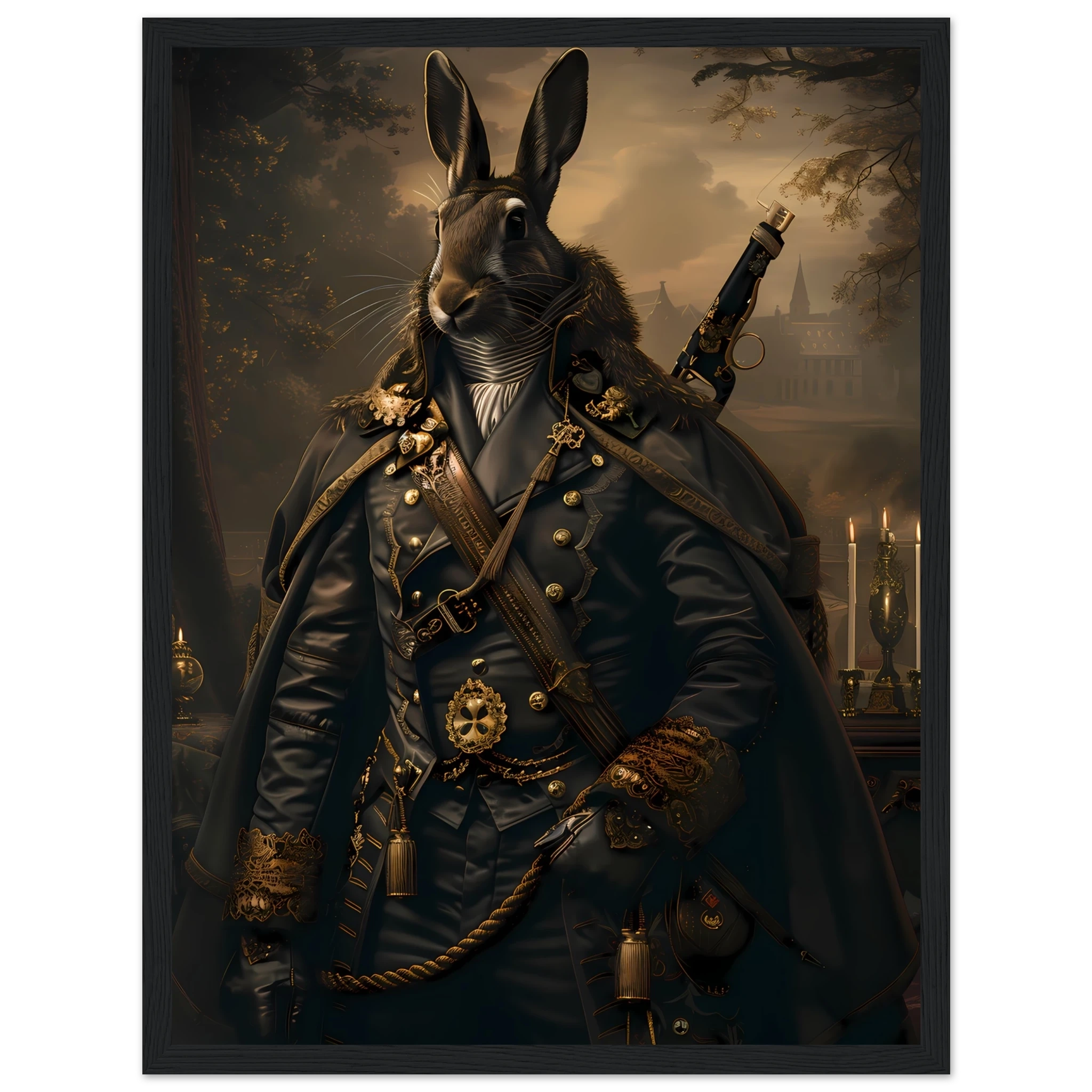 Rabbit dressed in ornate jacket under candlelight — refined vintage pet portrait.