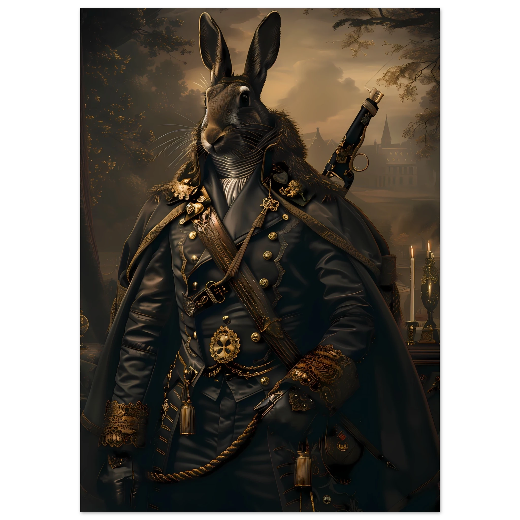 Rabbit dressed in ornate jacket under candlelight — refined vintage pet portrait.