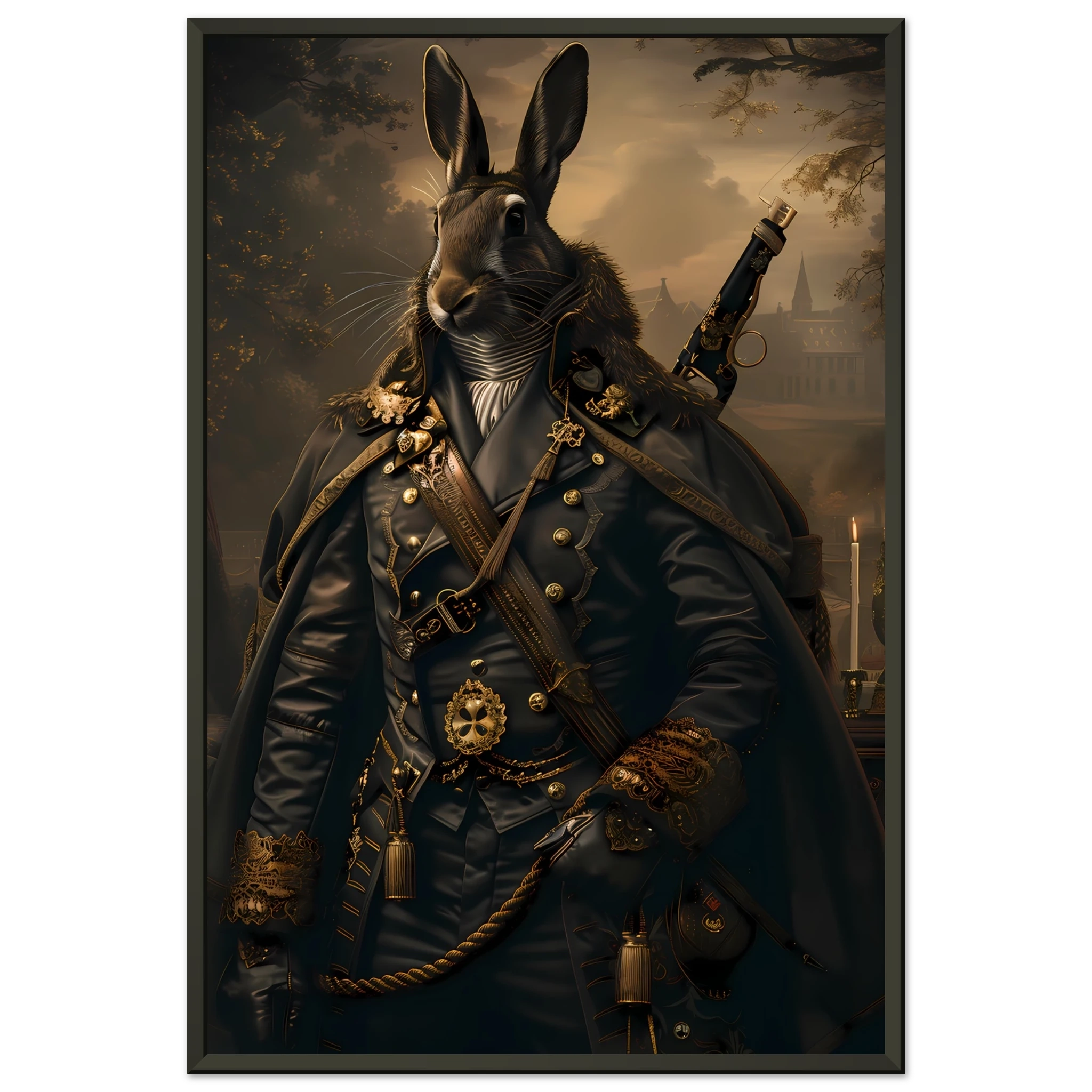 Rabbit dressed in ornate jacket under candlelight — refined vintage pet portrait.