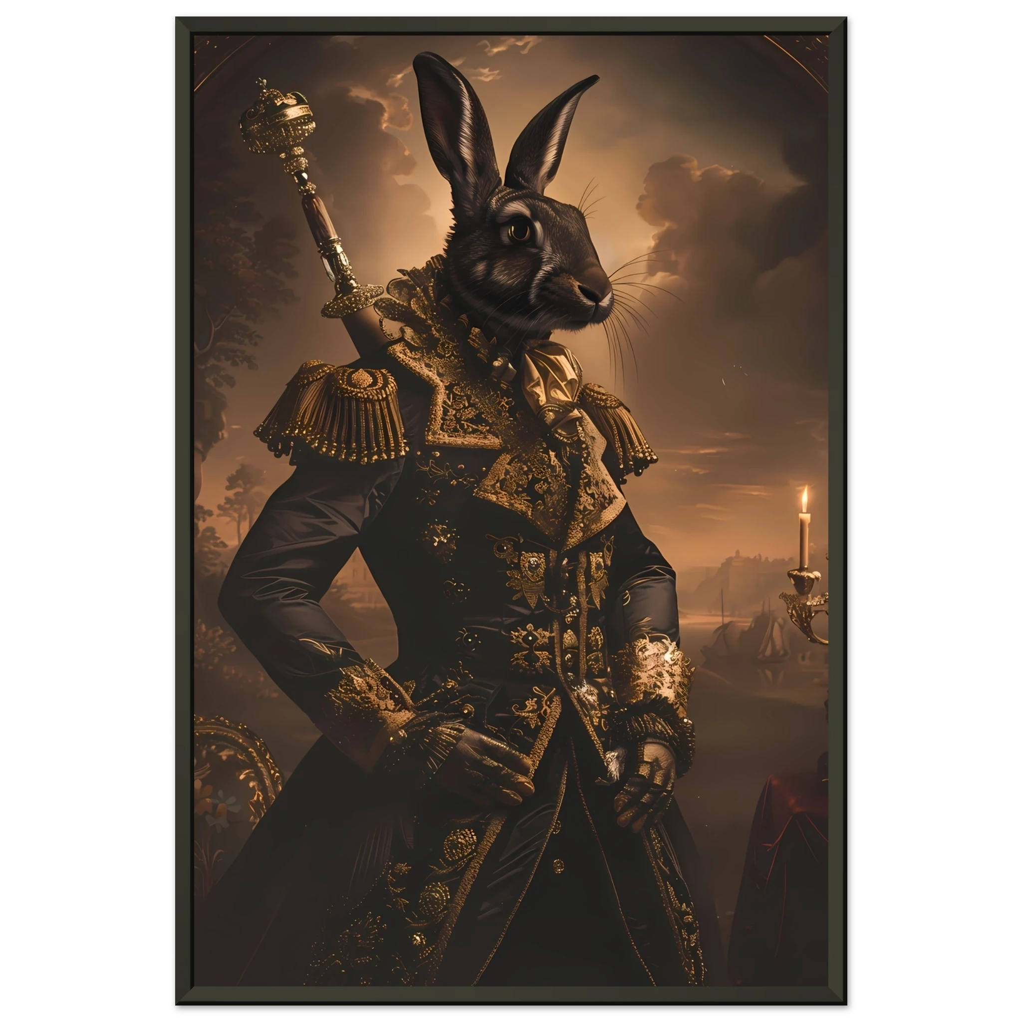 Rabbit dressed in ornate ball gown under candlelight — refined vintage pet portrait.