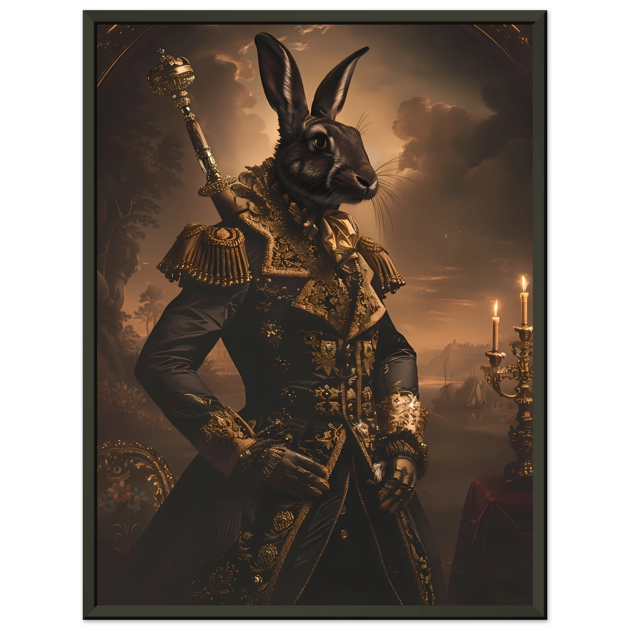 Rabbit dressed in ornate ball gown under candlelight — refined vintage pet portrait.