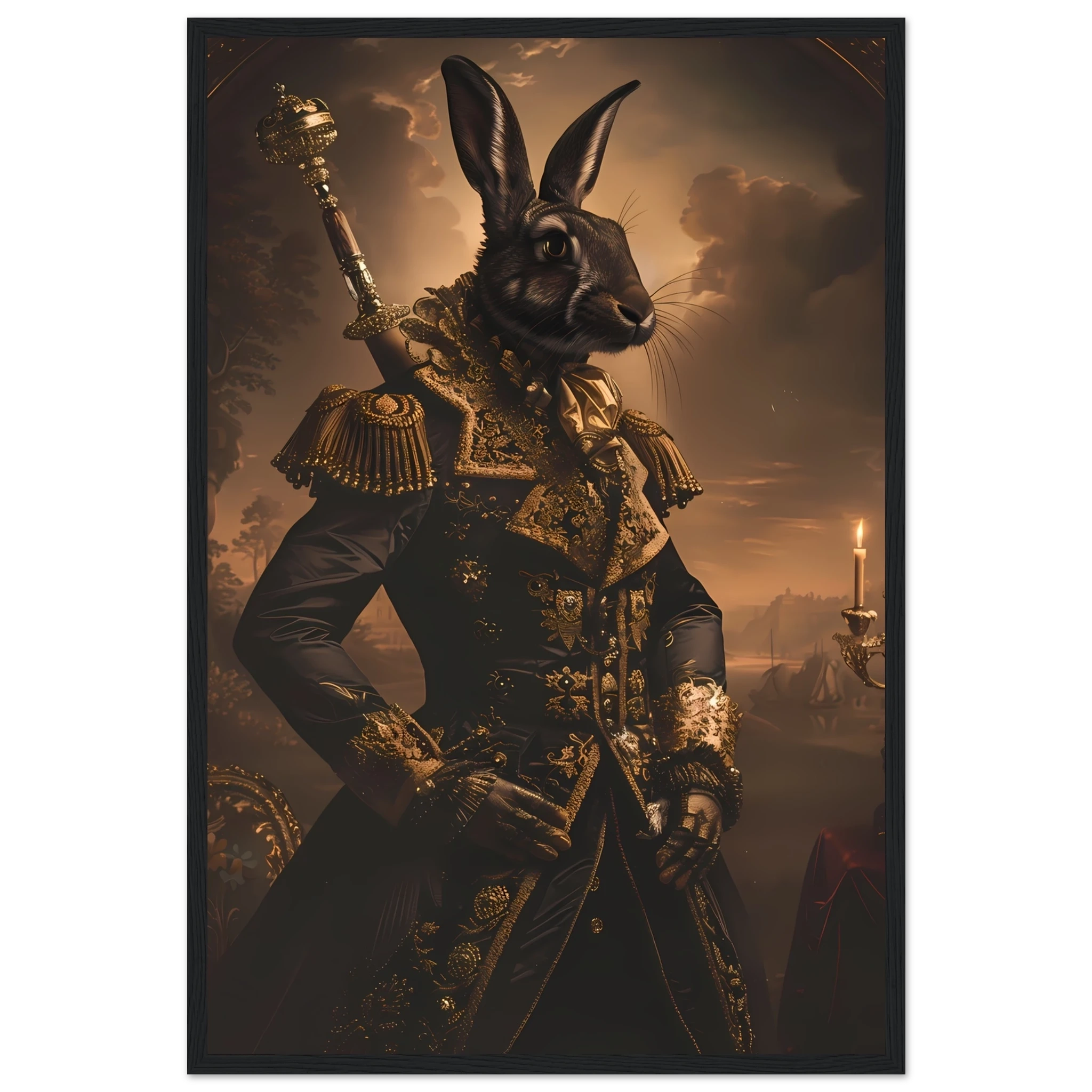 Rabbit dressed in ornate ball gown under candlelight — refined vintage pet portrait.