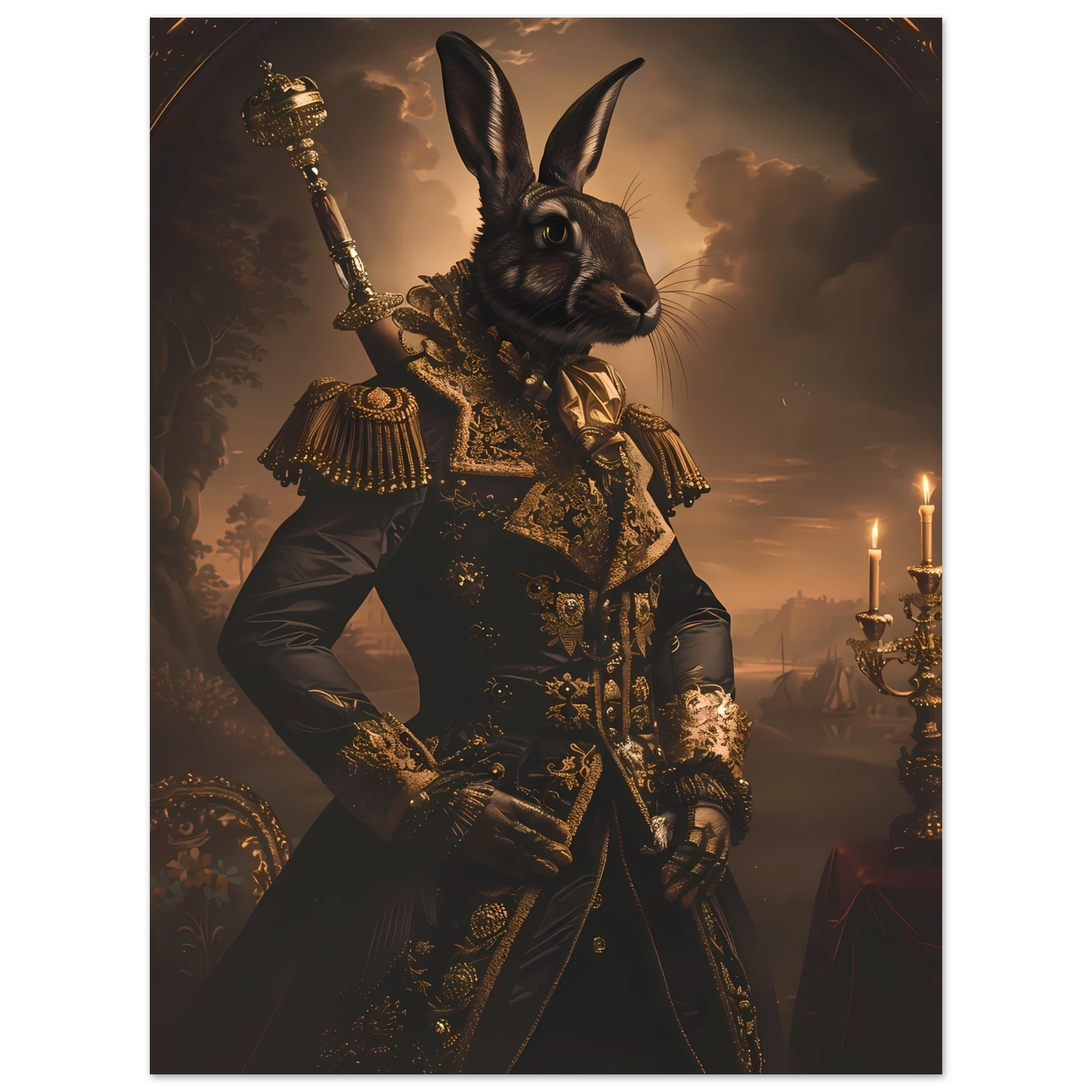 Rabbit dressed in ornate ball gown under candlelight — refined vintage pet portrait.