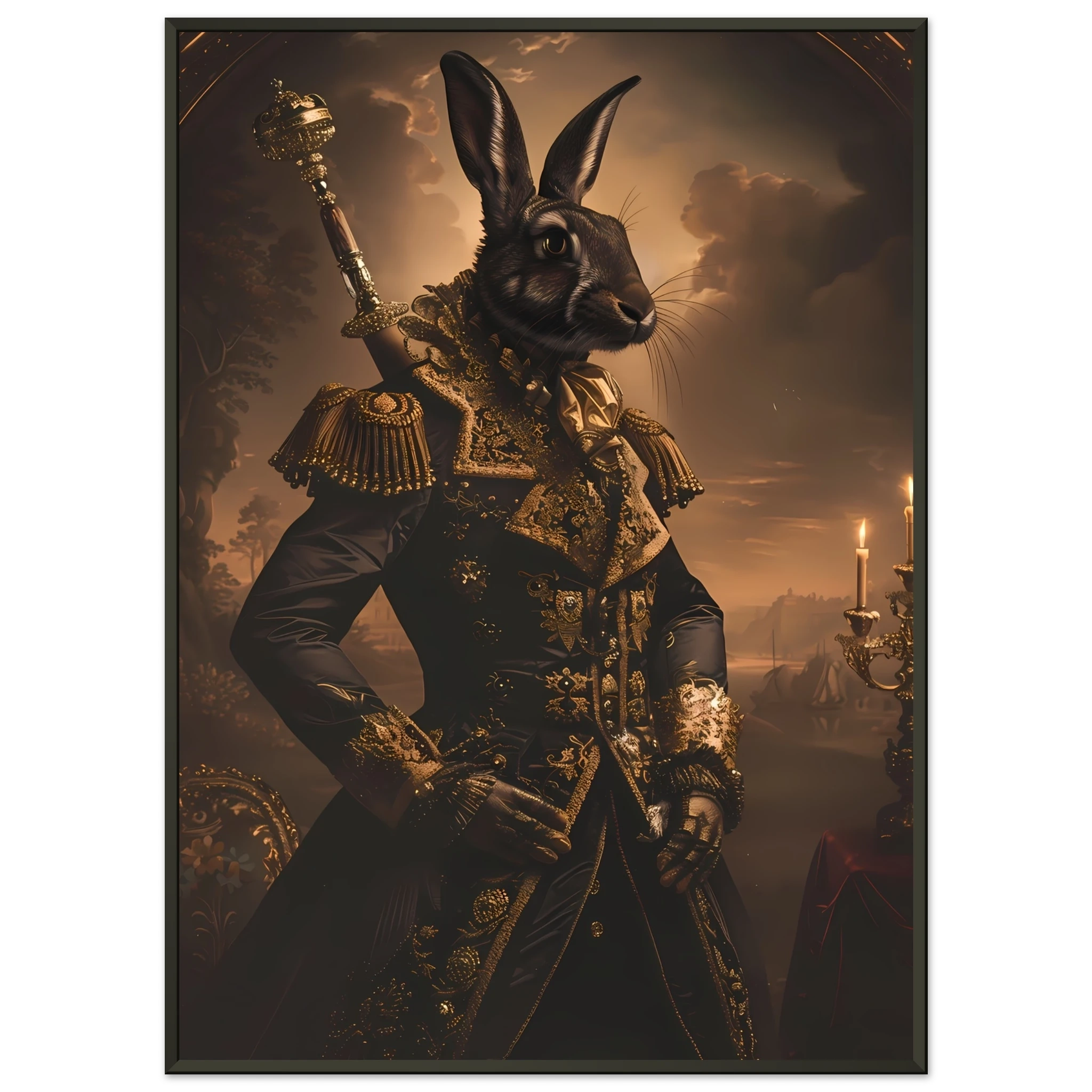 Rabbit dressed in ornate ball gown under candlelight — refined vintage pet portrait.