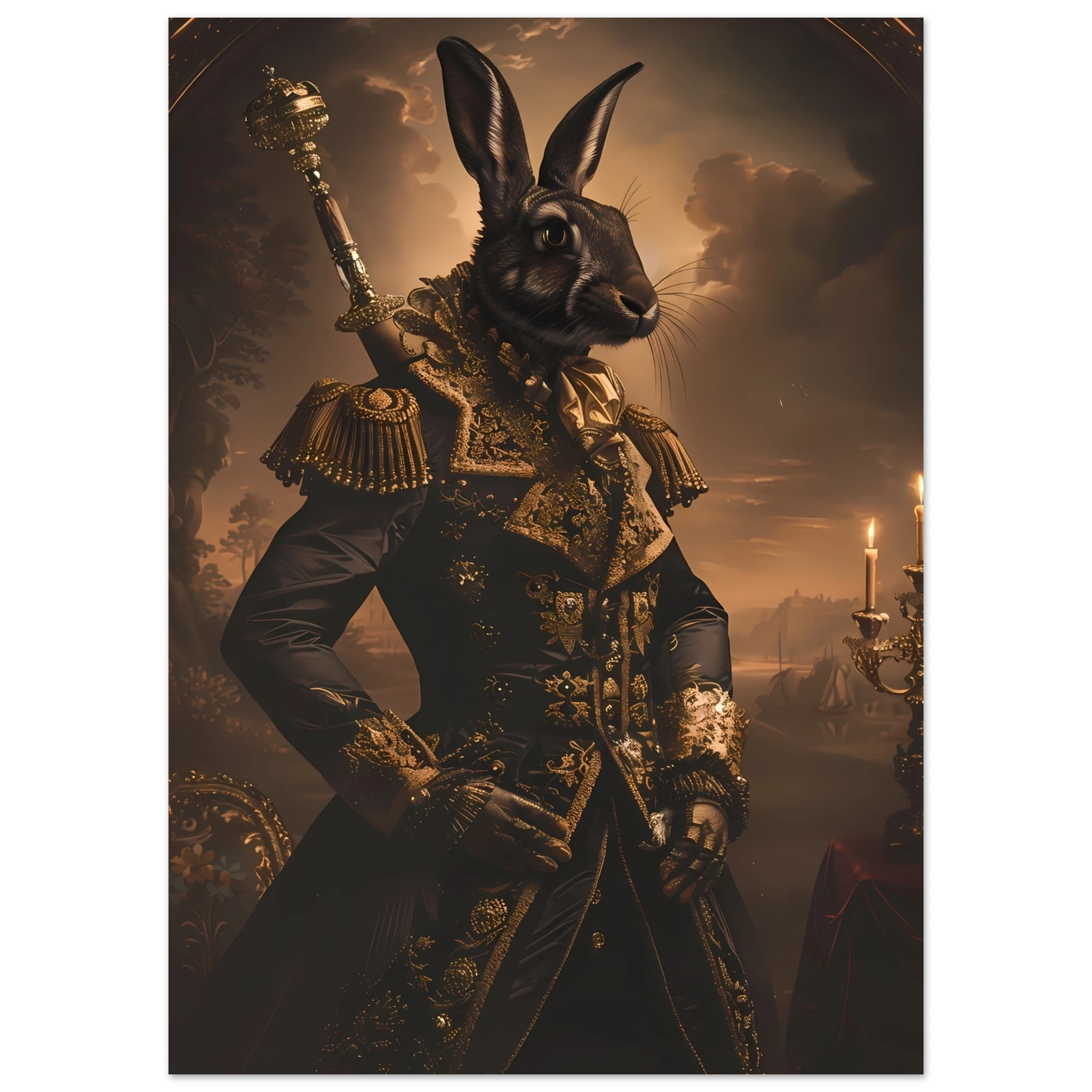 Rabbit dressed in ornate ball gown under candlelight — refined vintage pet portrait.