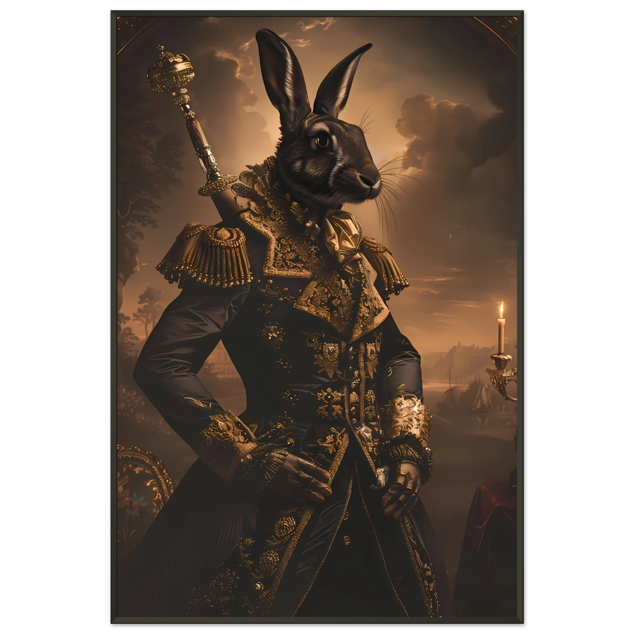 Rabbit dressed in ornate ball gown under candlelight — refined vintage pet portrait.