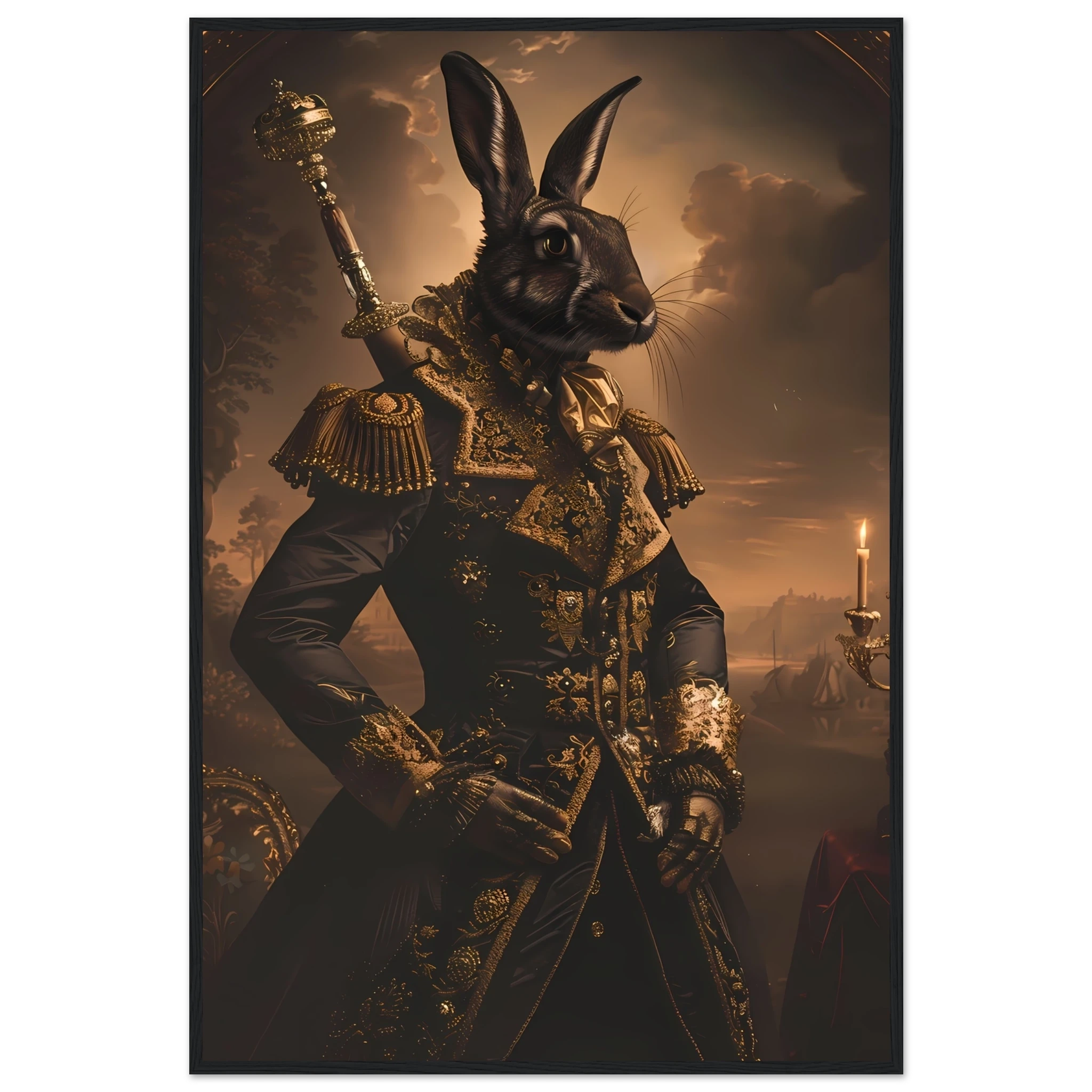 Rabbit dressed in ornate ball gown under candlelight — refined vintage pet portrait.