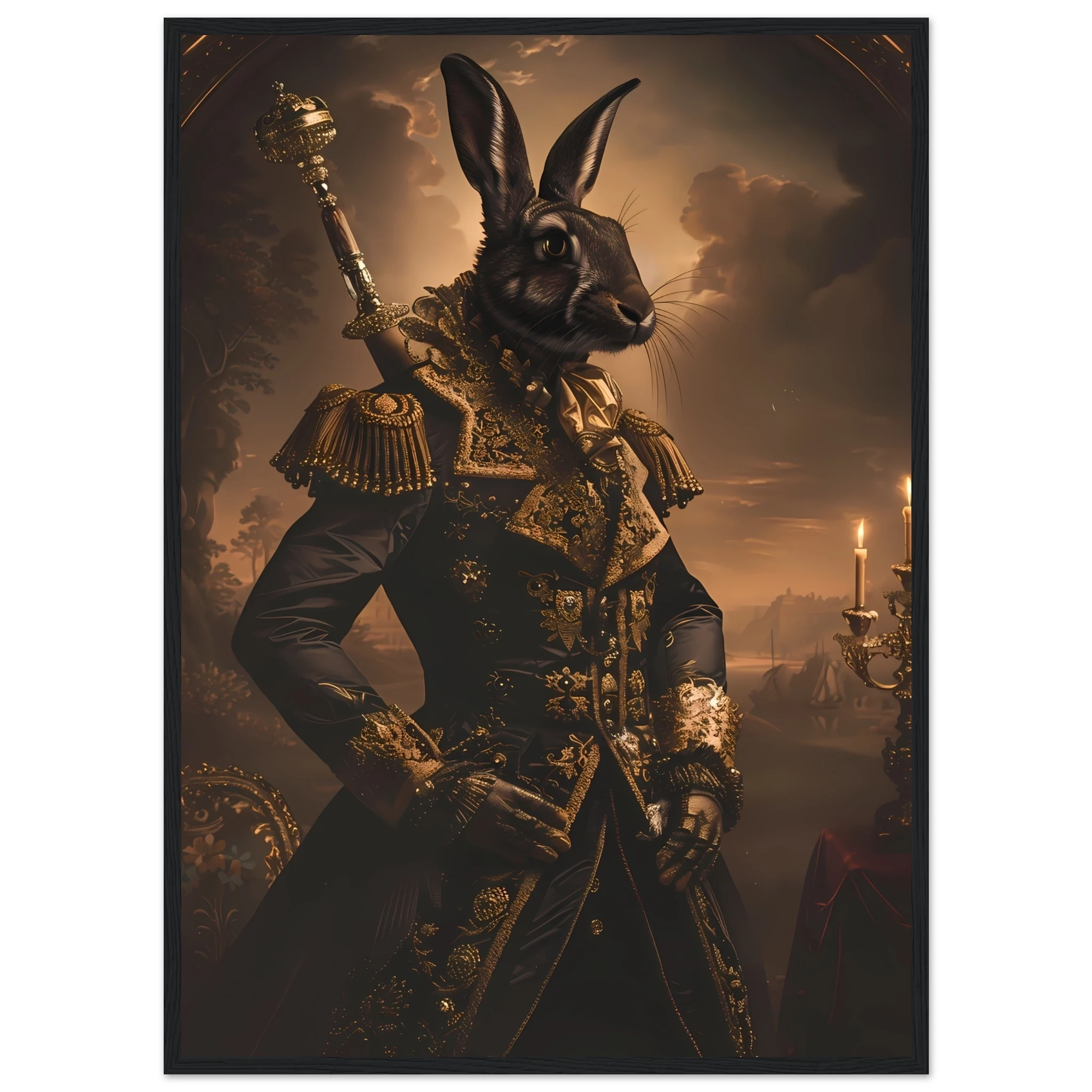 Rabbit dressed in ornate ball gown under candlelight — refined vintage pet portrait.