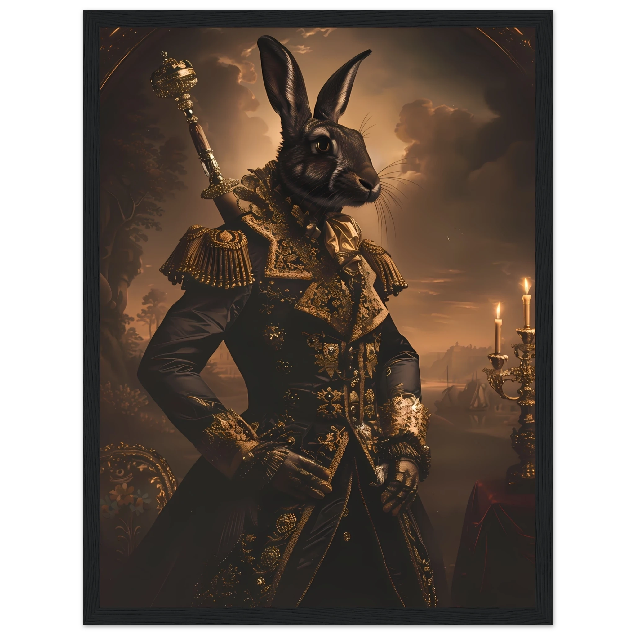 Rabbit dressed in ornate ball gown under candlelight — refined vintage pet portrait.