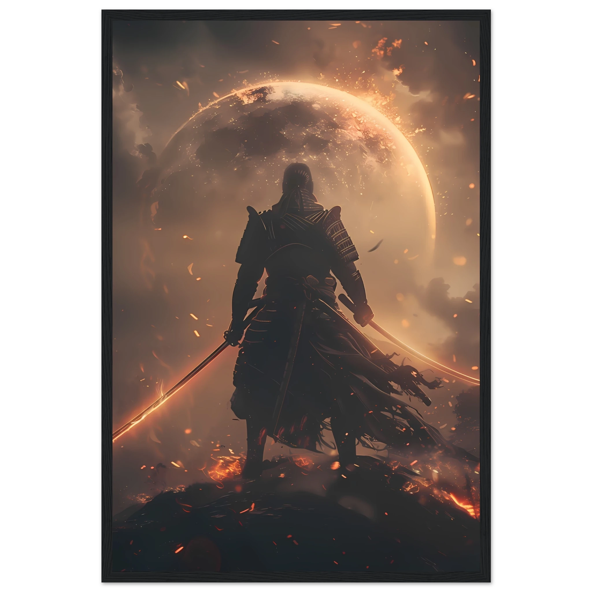 Samurai astronaut posed on glowing synthwave planet with neon armor — cinematic mashup.