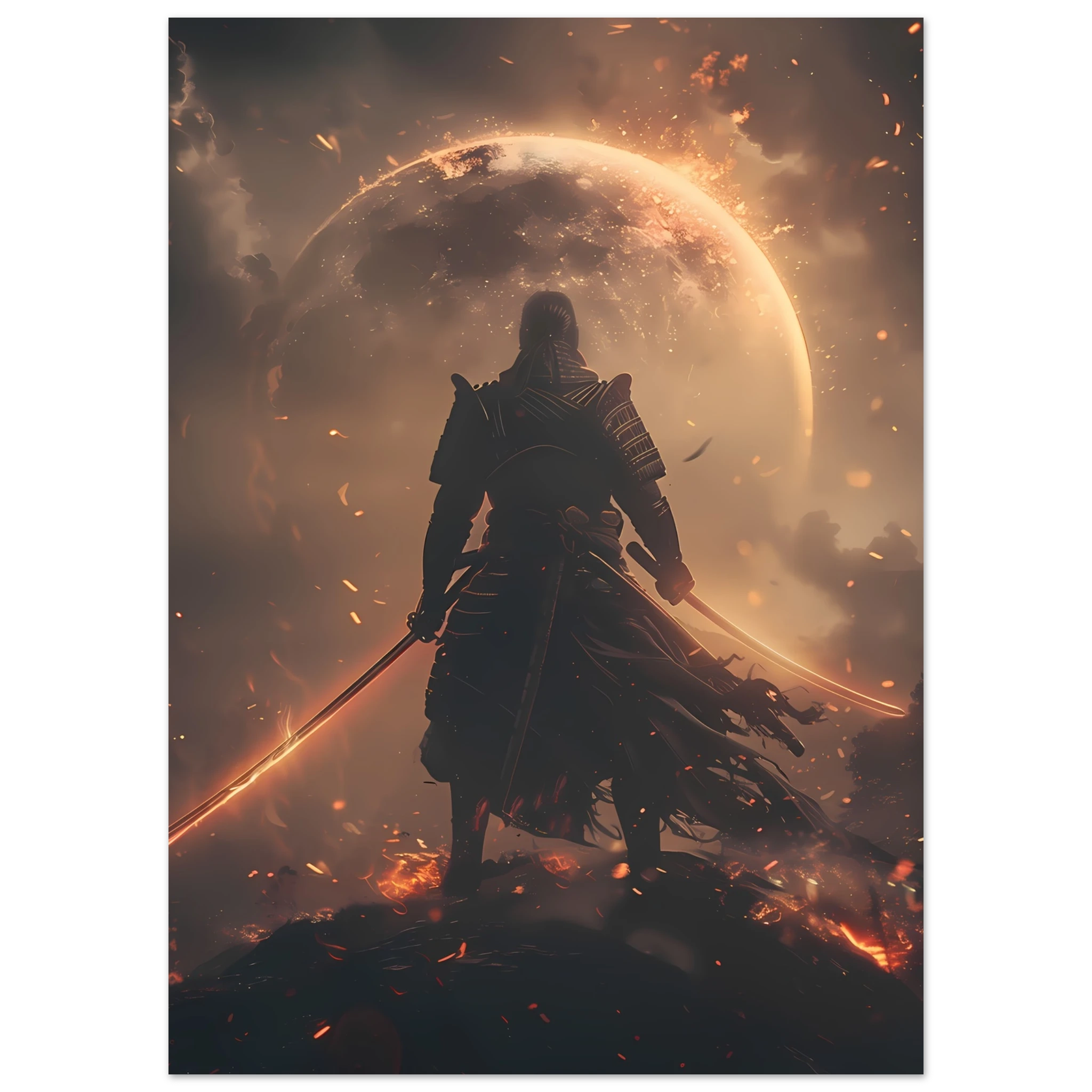 Samurai astronaut posed on glowing synthwave planet with neon armor — cinematic mashup.