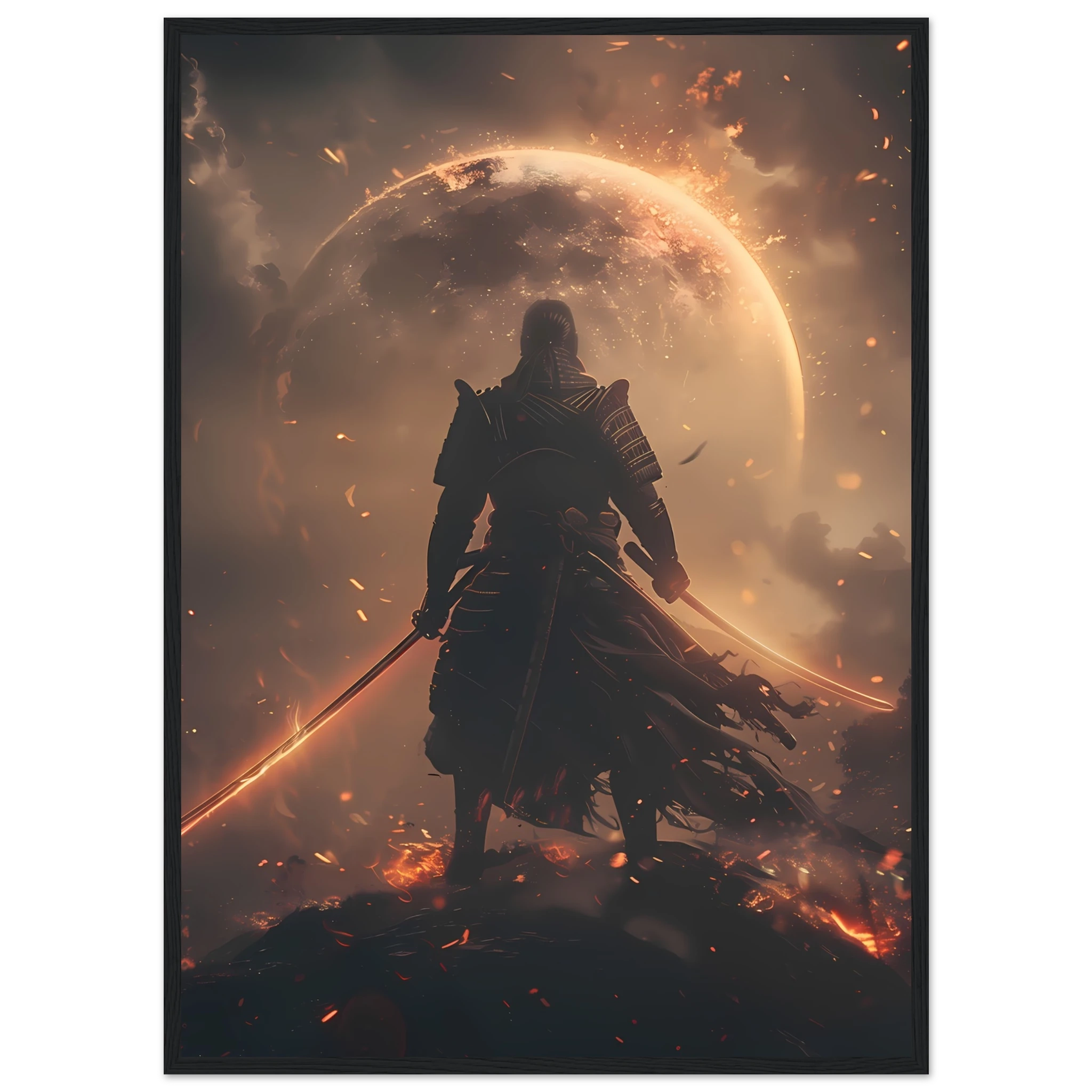 Samurai astronaut posed on glowing synthwave planet with neon armor — cinematic mashup.